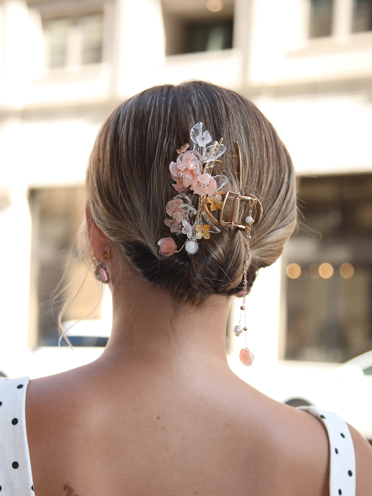 Apricot Camellia Crystal Leaf Tassel Claw Clip