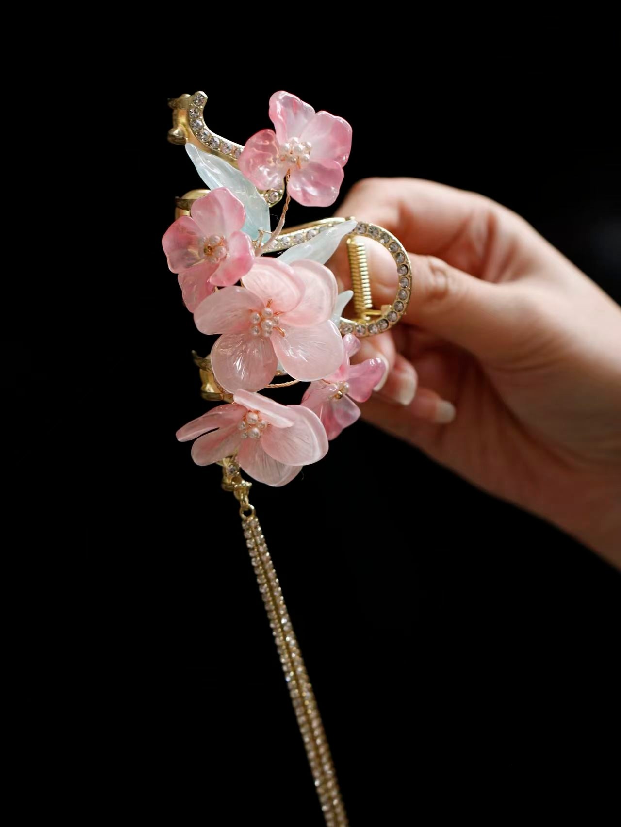 Blush Peony Rhinestone Tassel Hair Claw