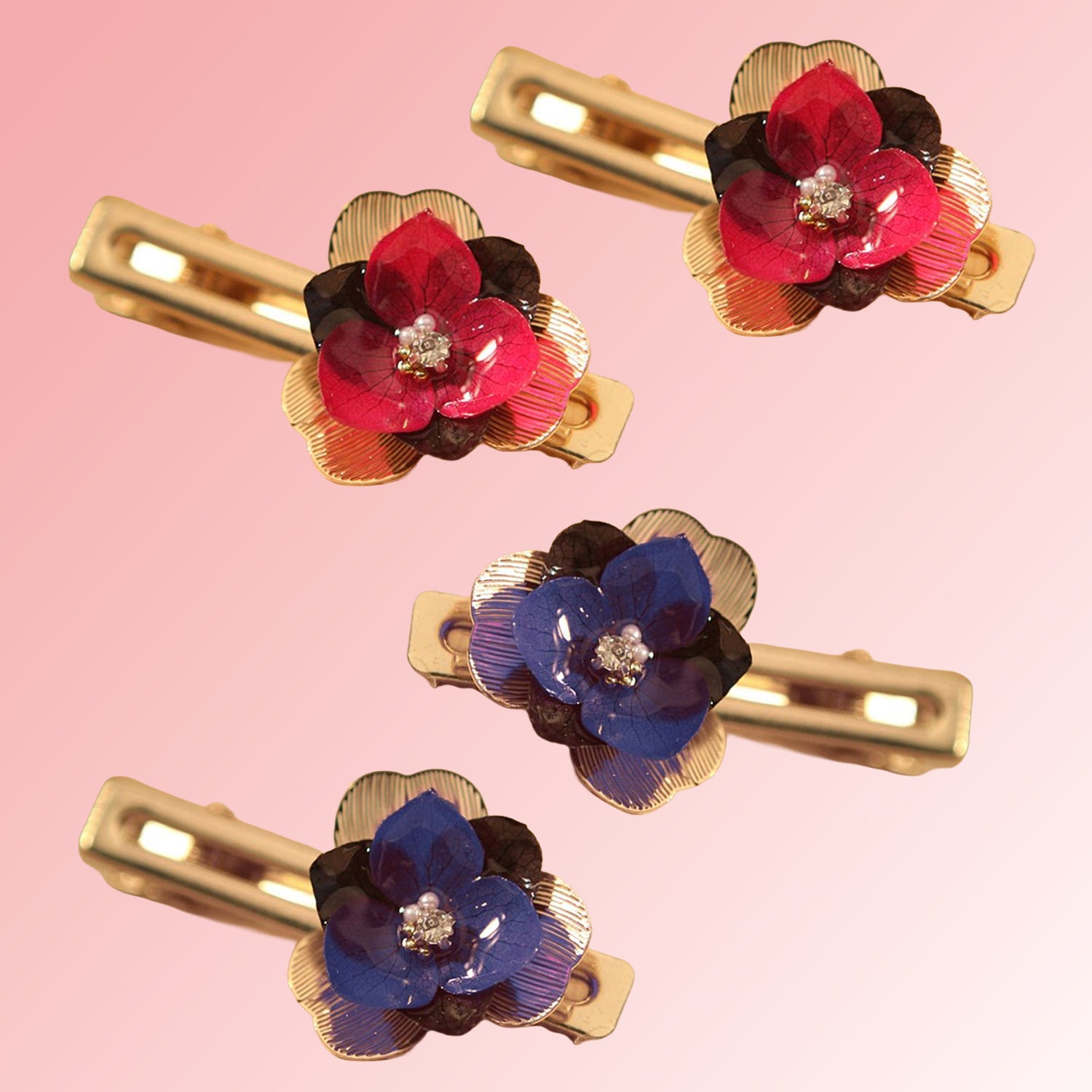 *Real Flower* Cherry & Sapphire Hydrangea Flower Clip Set (4-Piece Set)
