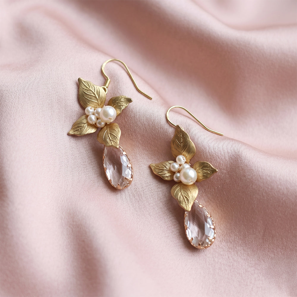 Gilded Leaf Pearl Crystal Drop Earrings