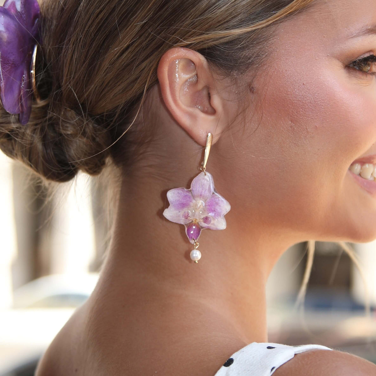 *Real Flower* Mini Orchid Pearl Drop Earrings