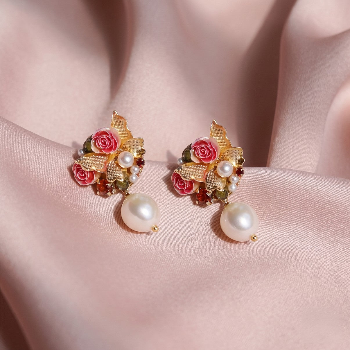 Rose Butterfly Natural Pearl Drop Earrings