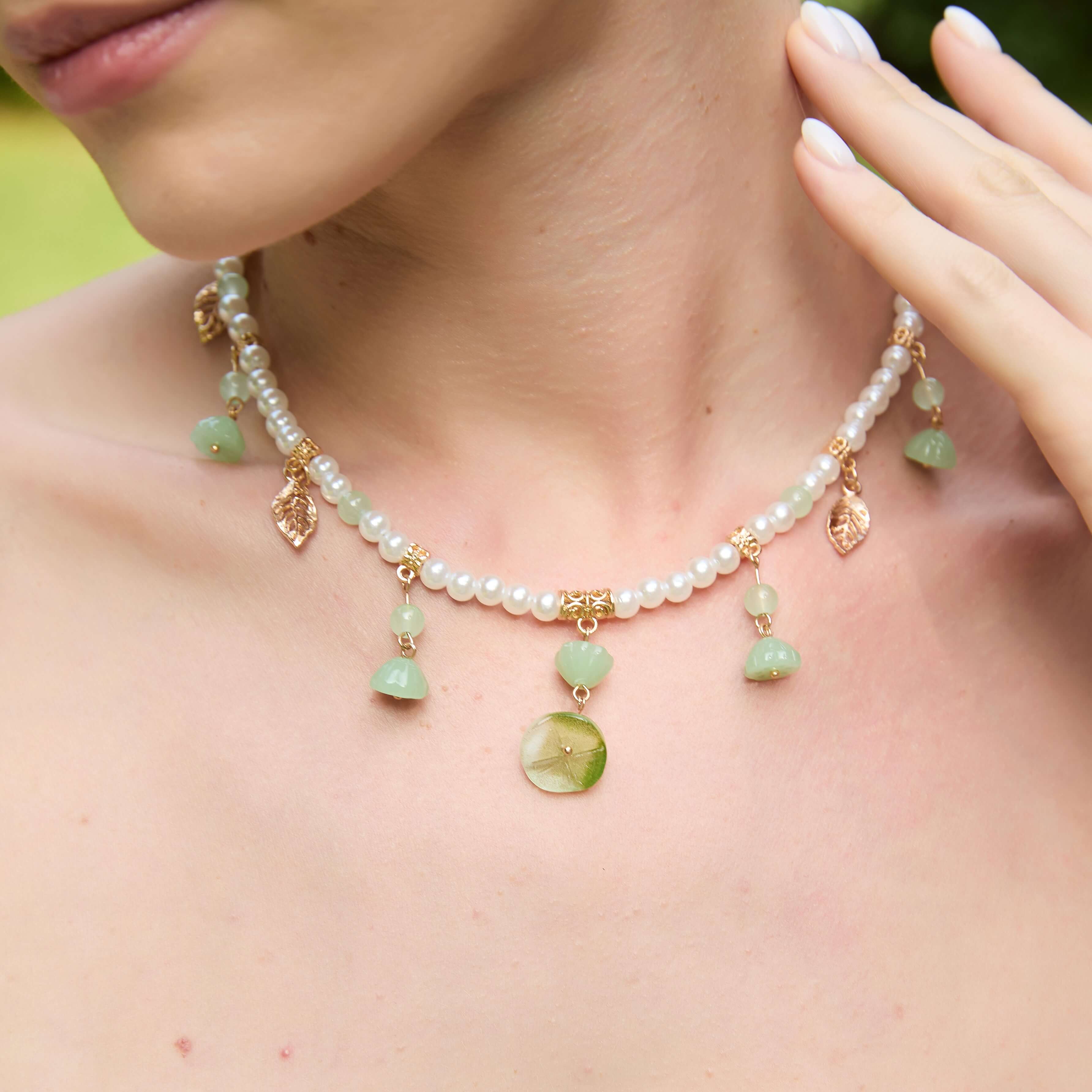 Verdant Jade Petal Cascade Pearl Necklace