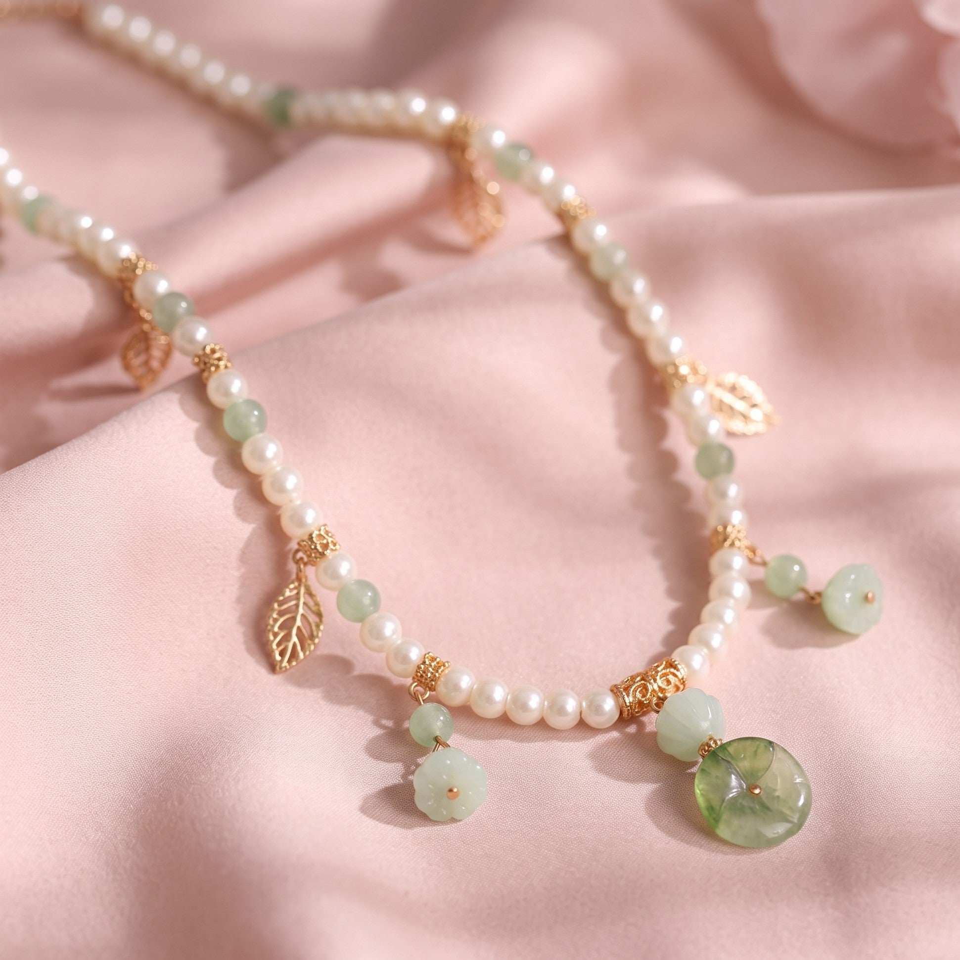 Verdant Jade Petal Cascade Pearl Necklace