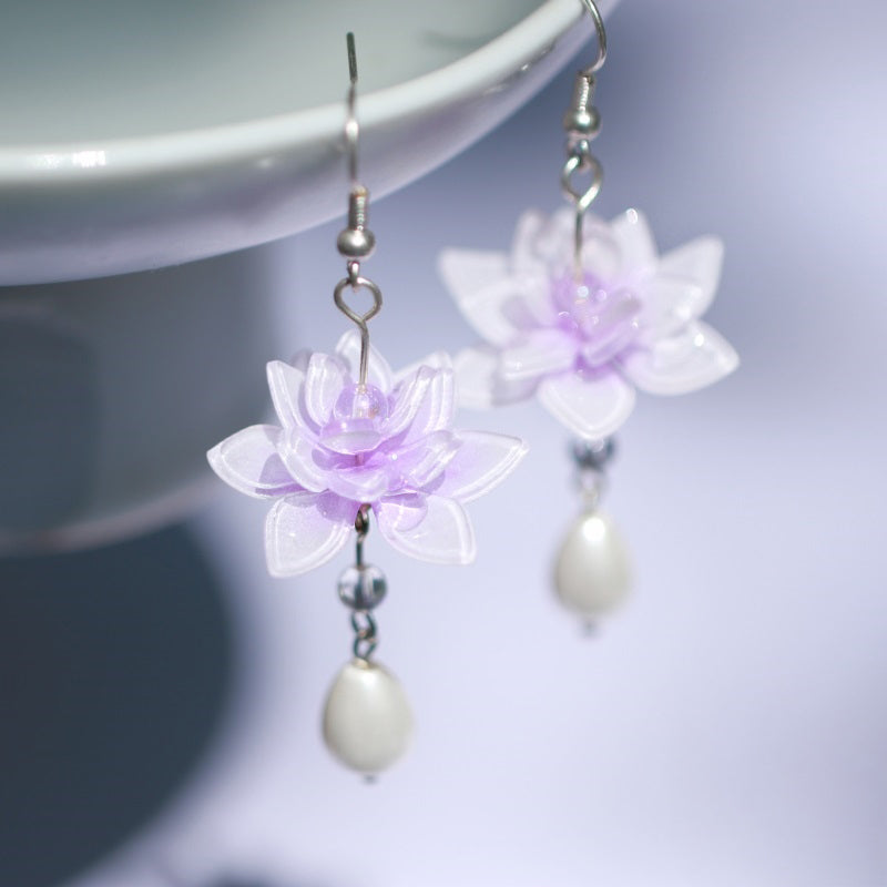 Whispers of Lavender Waterlily Pearl Drop Earrings