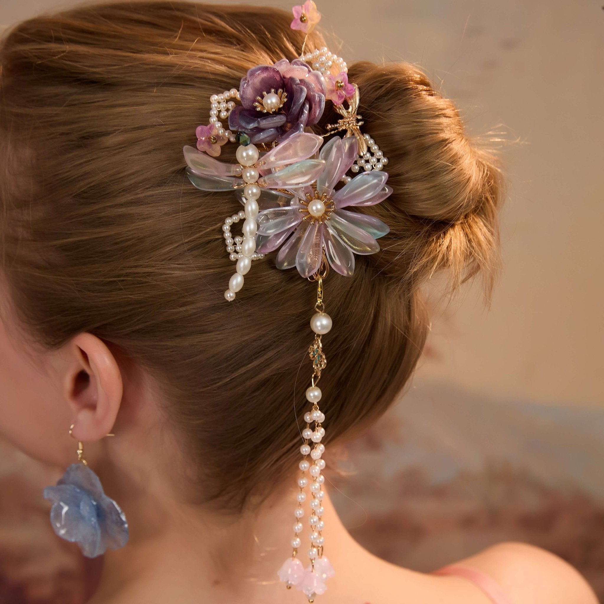 Amethyst Moon Bloom Tassel Hair ClipHAIRJewelryBlossomuniqueflowerearringsgiftforhermothergiftdaughtergiftbirthdaygiftanniversarygift