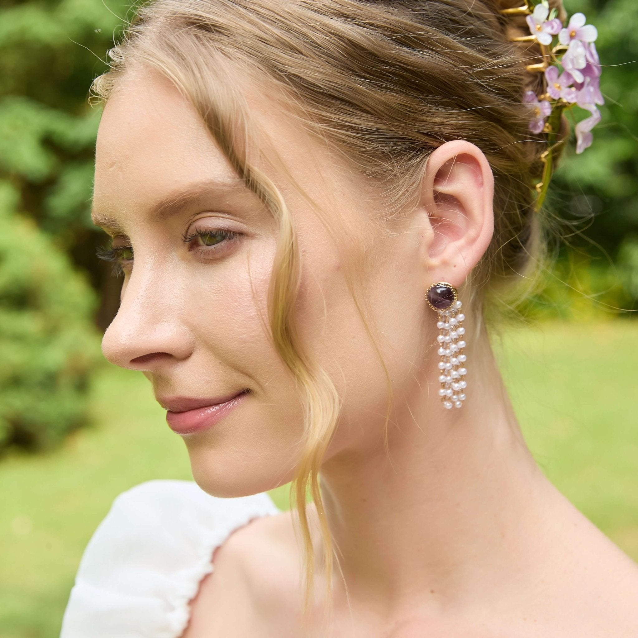 Amethyst Pearl Cascade Drop Earrings Earrings JewelryBlossom flowerjewelry weddingjewelry bridaljewelry weddinggift bridemaidgiftgiftforher mothergift daughtergift birthdaygift anniversarygi
