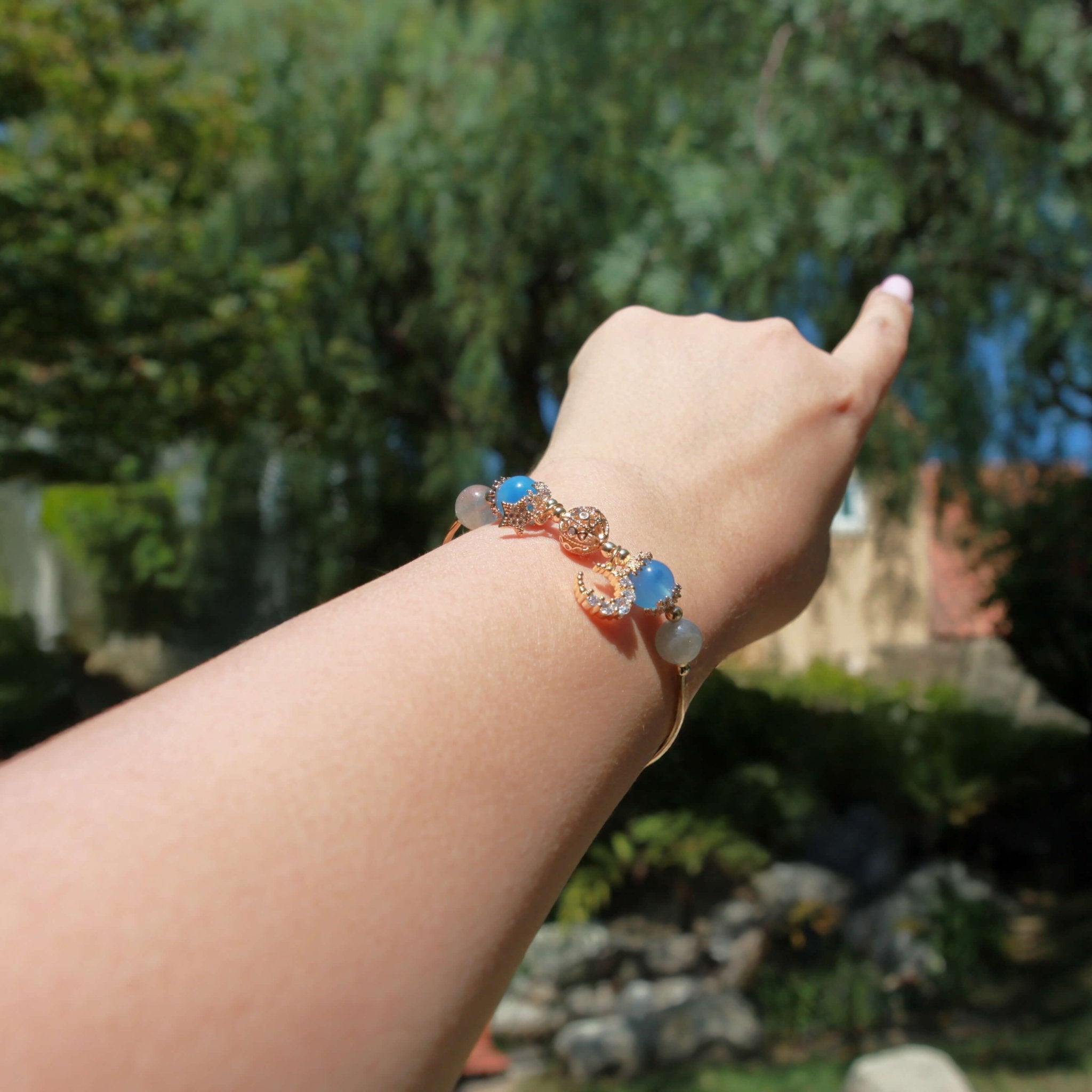 Aquamarine Moonstone Moon Star Charm BraceletBraceletJewelryBlossomuniqueflowerearringsgiftforhermothergiftdaughtergiftbirthdaygiftanniversarygift