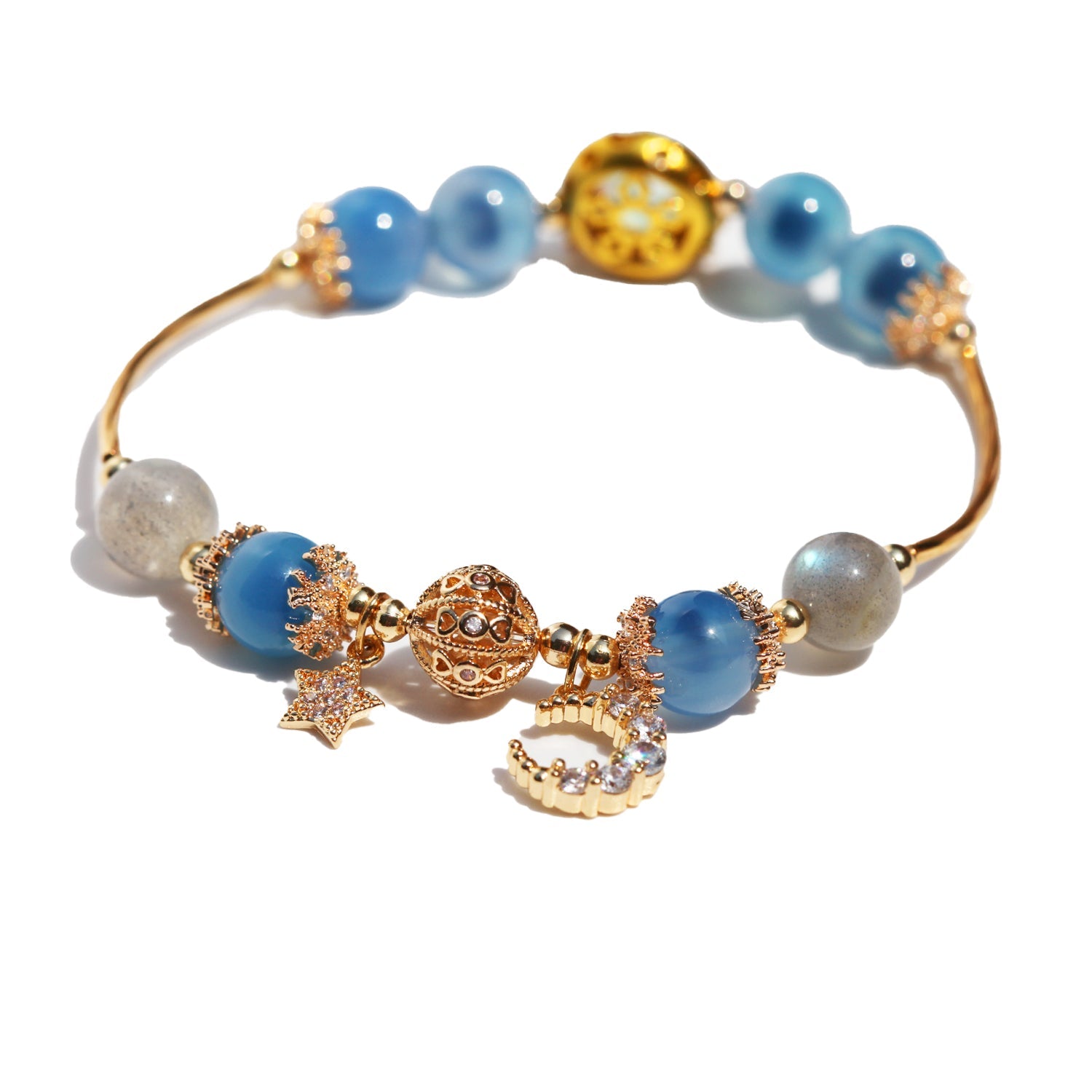 Aquamarine Moonstone Moon Star Charm BraceletBraceletJewelryBlossomuniqueflowerearringsgiftforhermothergiftdaughtergiftbirthdaygiftanniversarygift