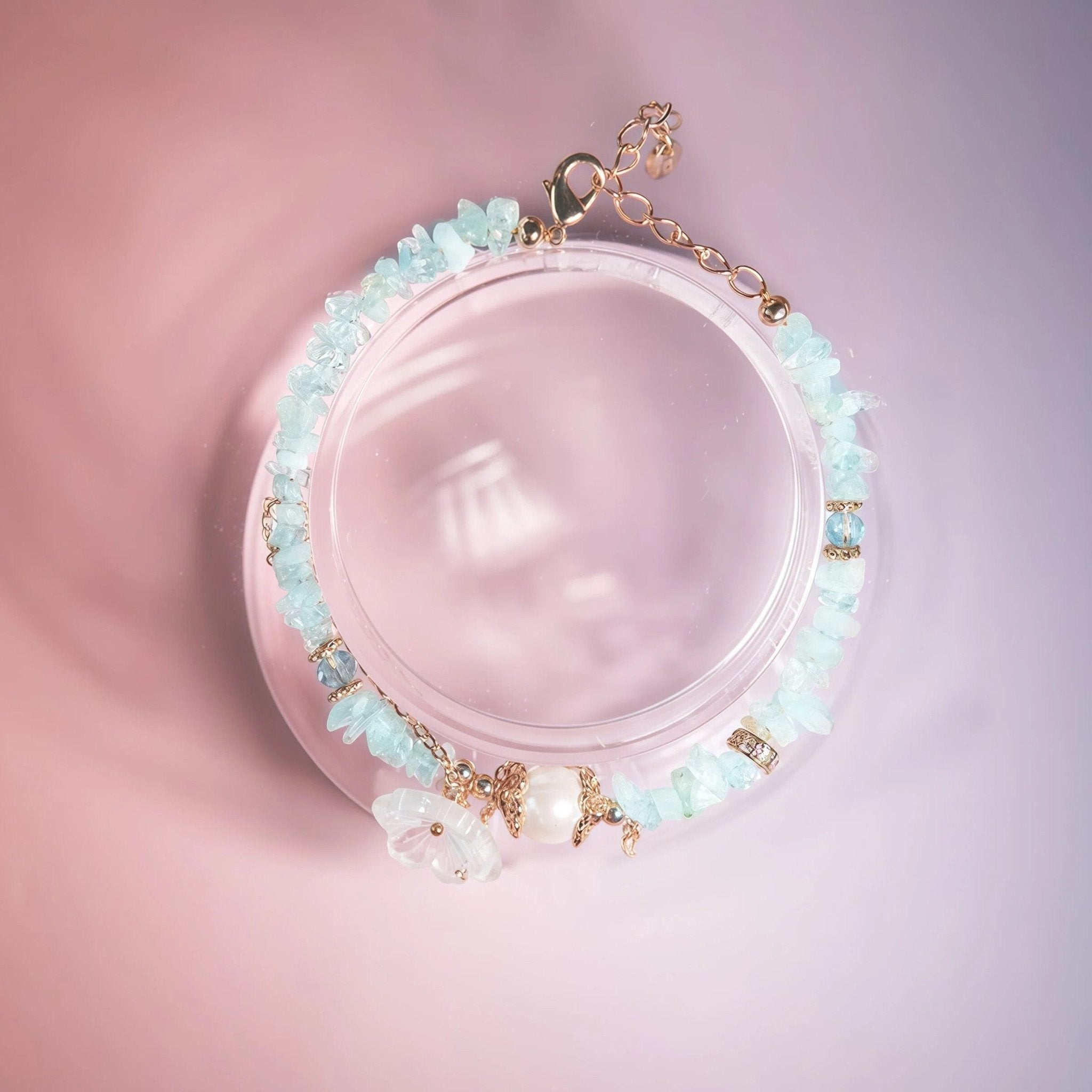 Aquamarine White Flower Charm Golden Chain BraceletBraceletJewelryBlossomuniqueflowerearringsgiftforhermothergiftdaughtergiftbirthdaygiftanniversarygift