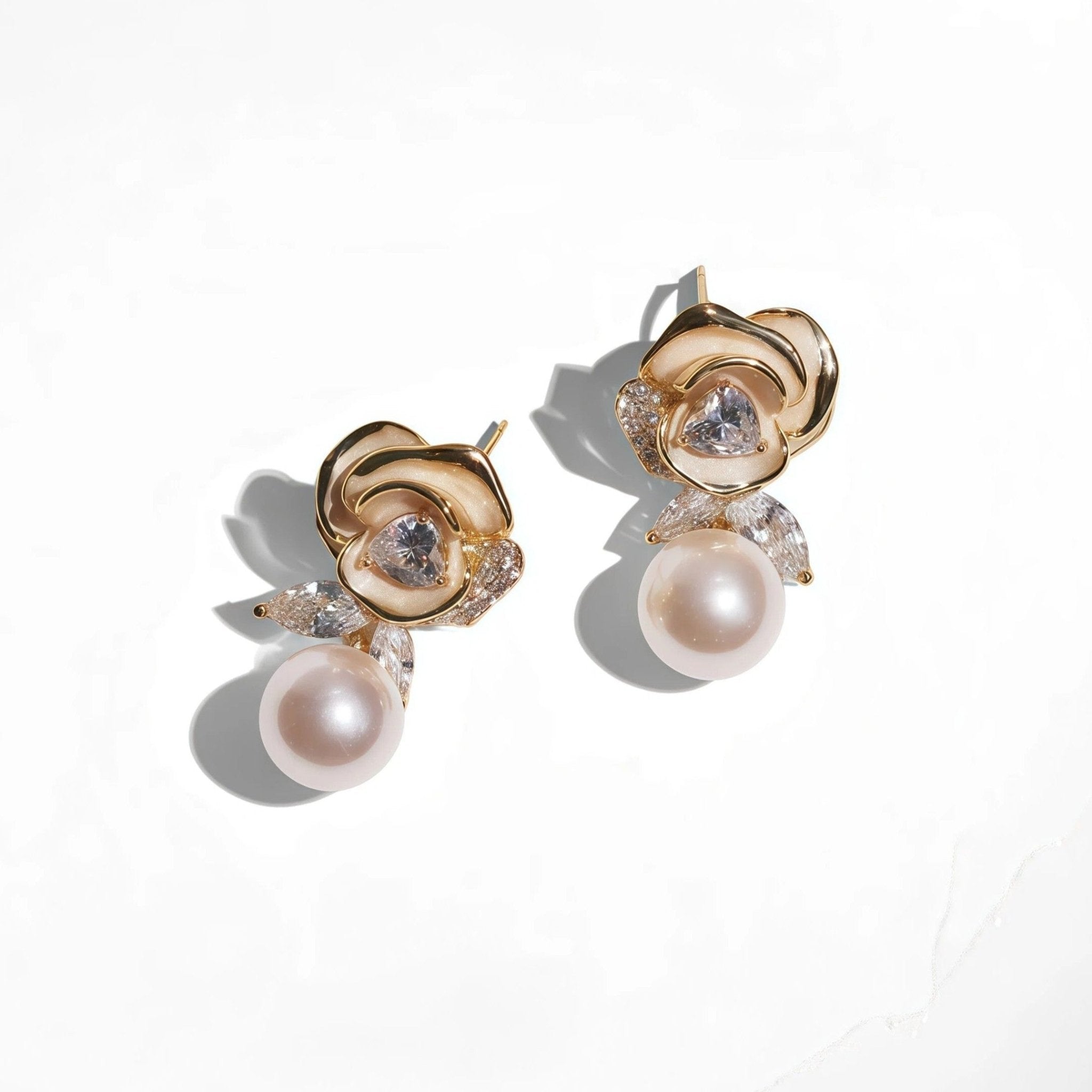 Champagne Camellia Crystal Pearl Drop EarringsEarringsJewelryBlossomuniqueflowerearringsgiftforhermothergiftdaughtergiftbirthdaygiftanniversarygift
