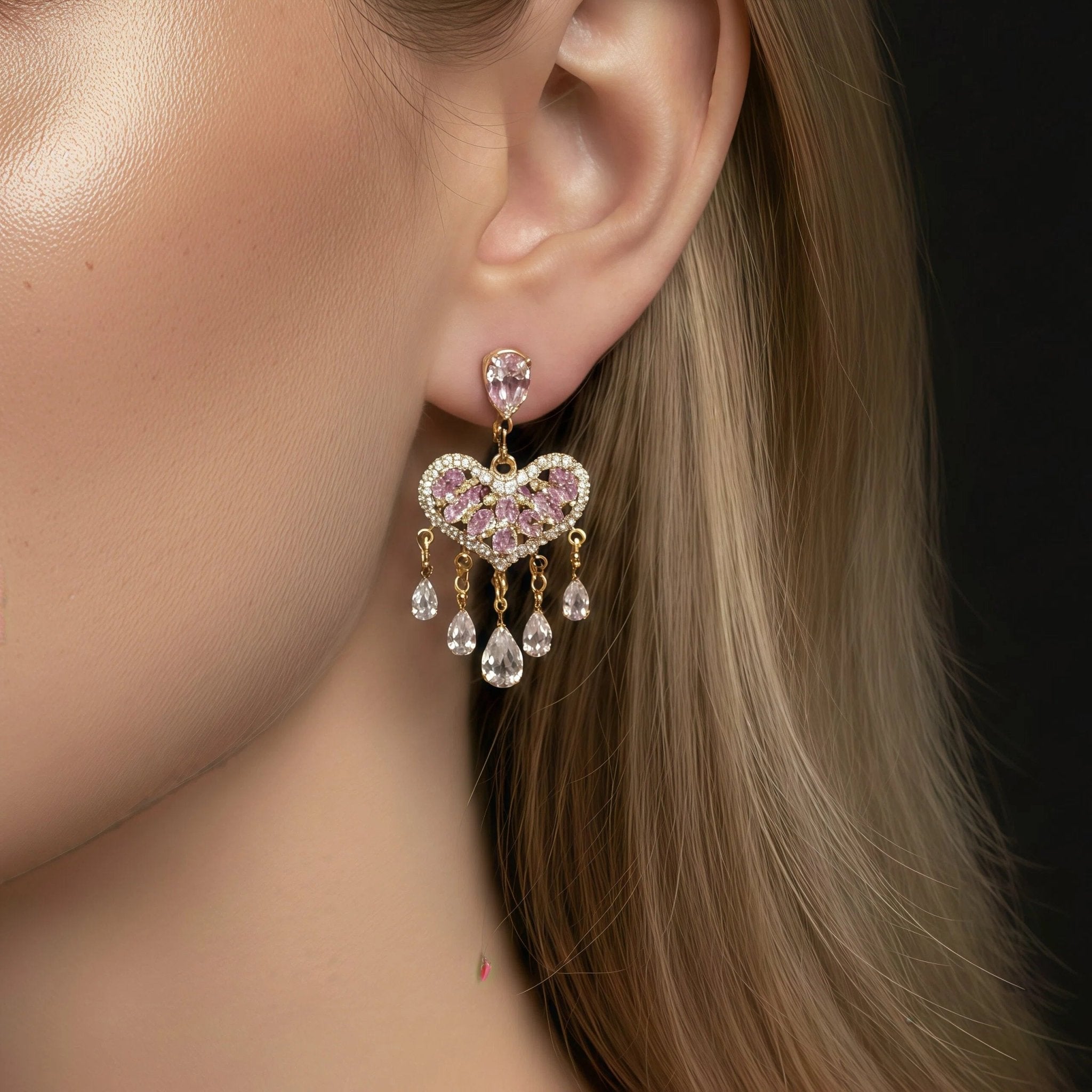 Chandelier Heart Drop EarringsEarringsJewelryBlossomuniqueflowerearringsgiftforhermothergiftdaughtergiftbirthdaygiftanniversarygift