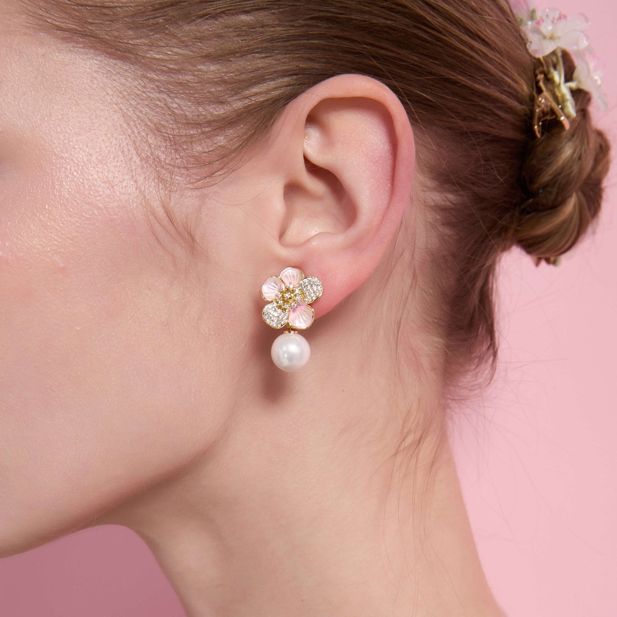 Cherry Blossom Pavé Pearl Drop EarringsEarringsJewelryBlossomuniqueflowerearringsgiftforhermothergiftdaughtergiftbirthdaygiftanniversarygift