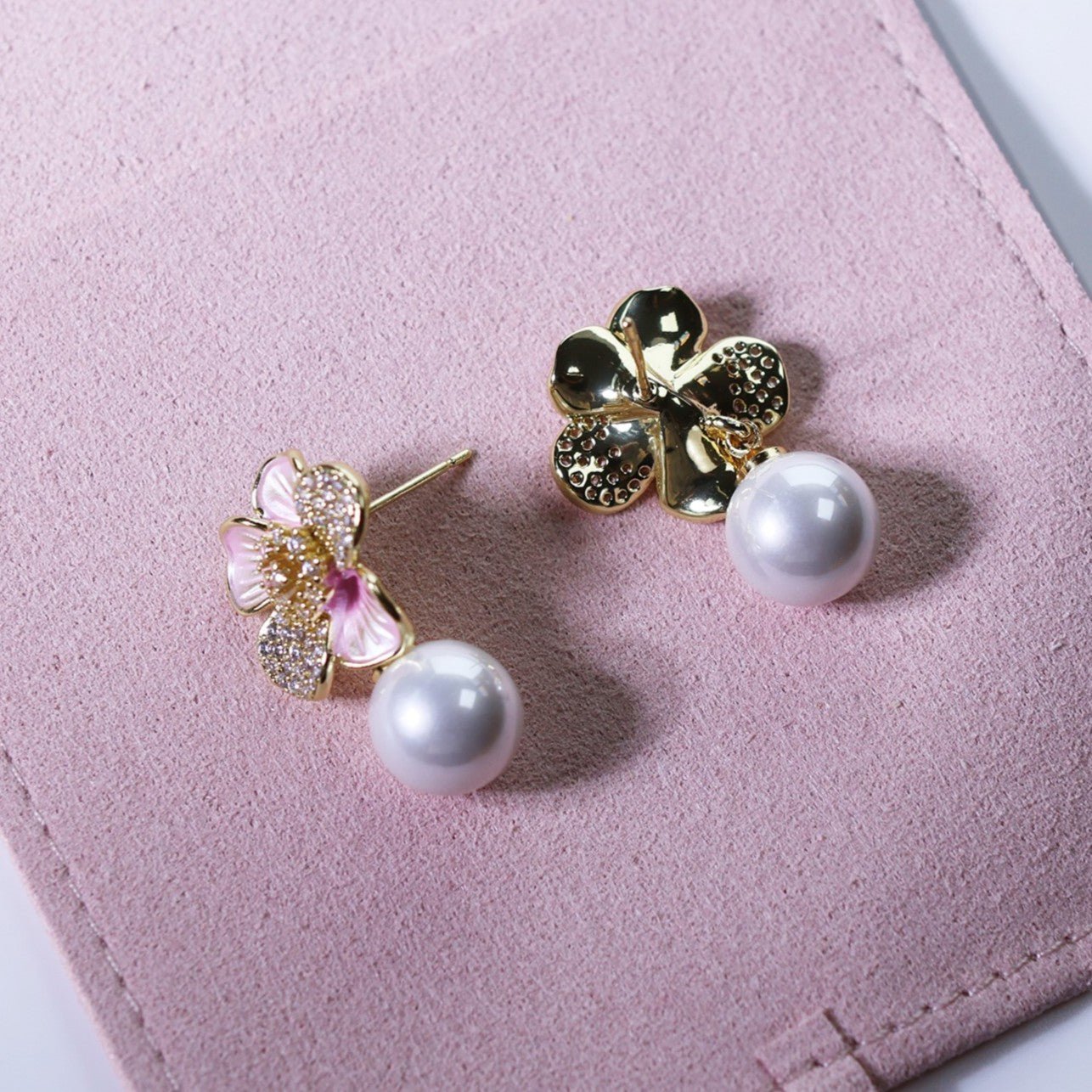 Cherry Blossom Pavé Pearl Drop EarringsEarringsJewelryBlossomuniqueflowerearringsgiftforhermothergiftdaughtergiftbirthdaygiftanniversarygift