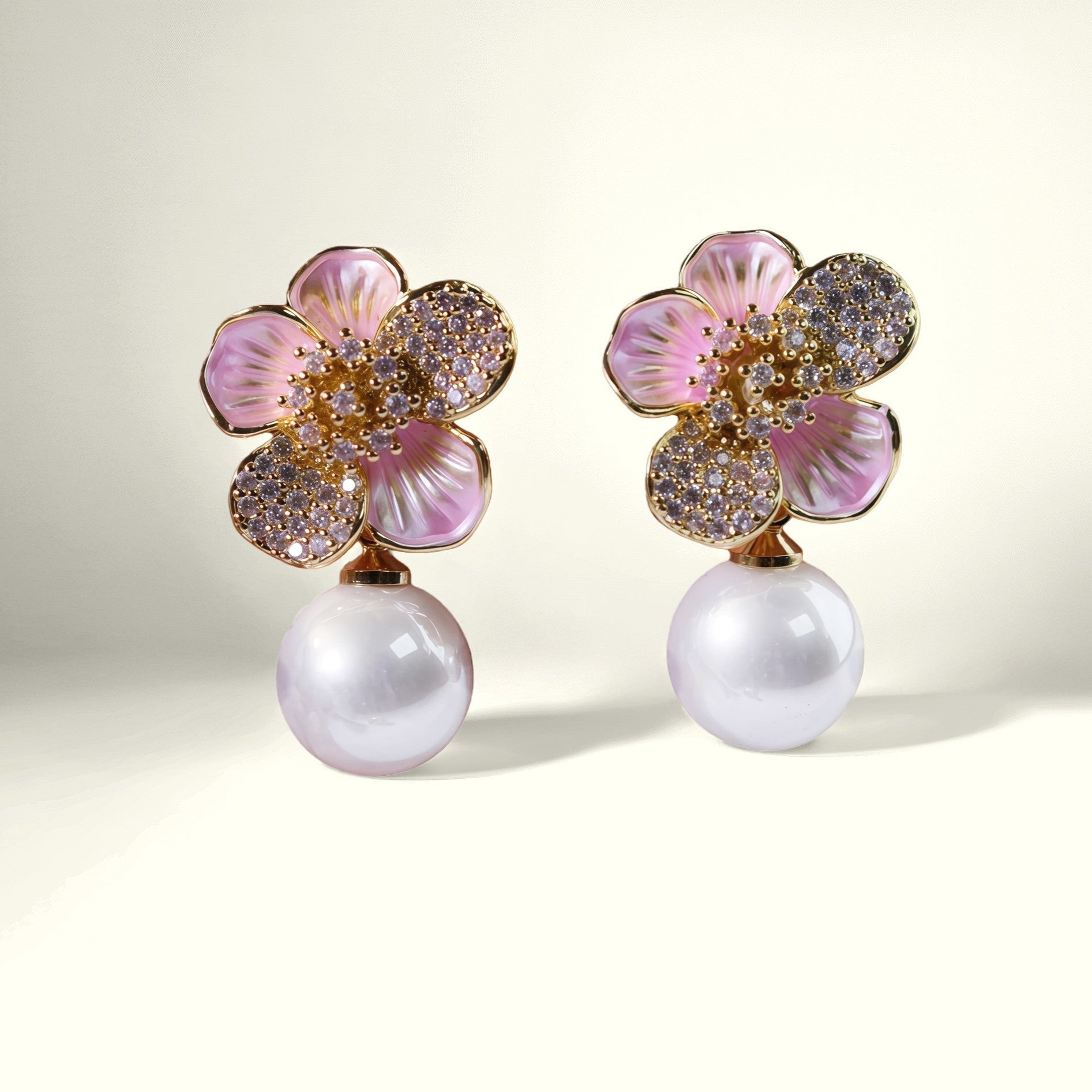 Cherry Blossom Pavé Pearl Drop EarringsEarringsJewelryBlossomuniqueflowerearringsgiftforhermothergiftdaughtergiftbirthdaygiftanniversarygift