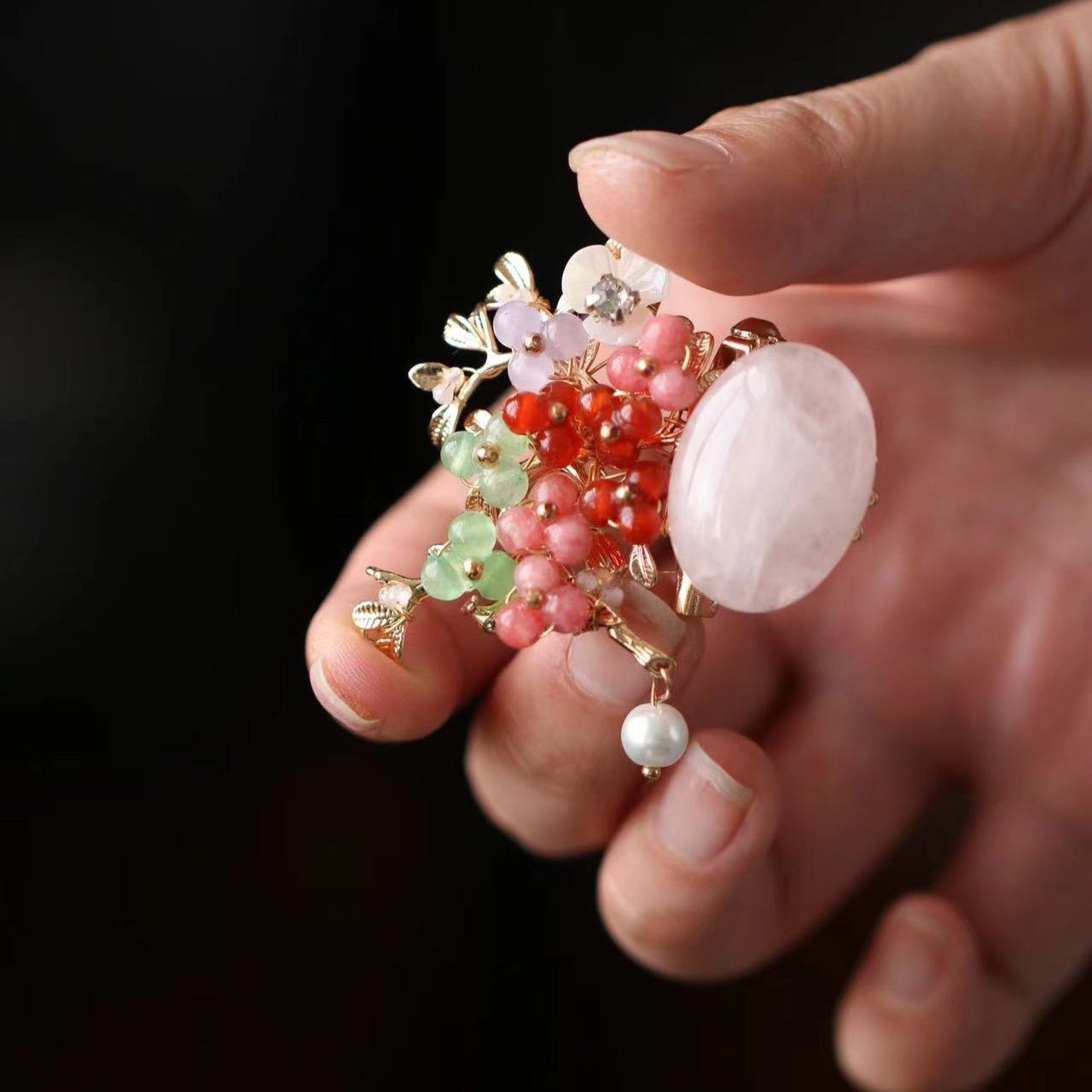 Crystal Flower Rose Quartz Brooch/ Final SalebroochJewelryBlossomuniqueflowerearringsgiftforhermothergiftdaughtergiftbirthdaygiftanniversarygift