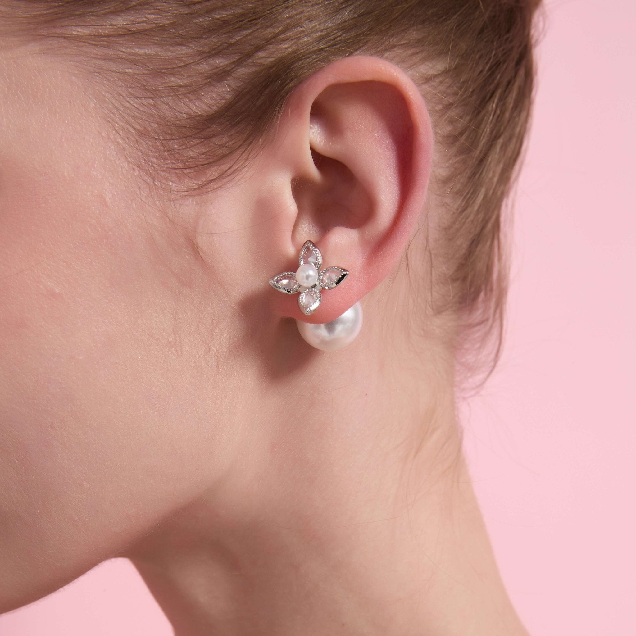 Duo Pearl Silver Flower Studs Tribal EarringsEarringsJewelryBlossomuniqueflowerearringsgiftforhermothergiftdaughtergiftbirthdaygiftanniversarygift