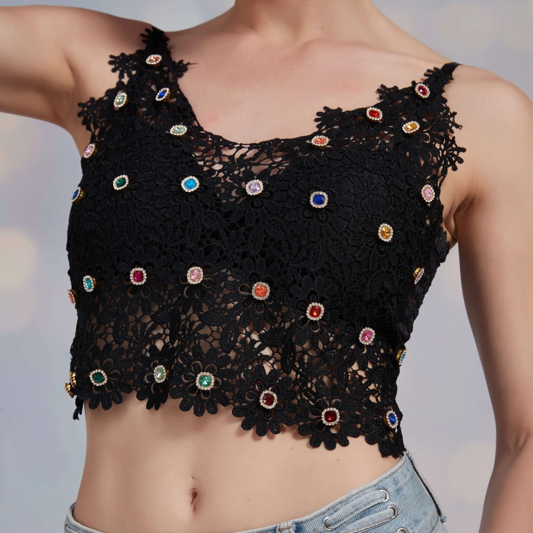 Embellished rhinestone Black Lace Crop TankClothingJewelryBlossomuniqueflowerearringsgiftforhermothergiftdaughtergiftbirthdaygiftanniversarygift