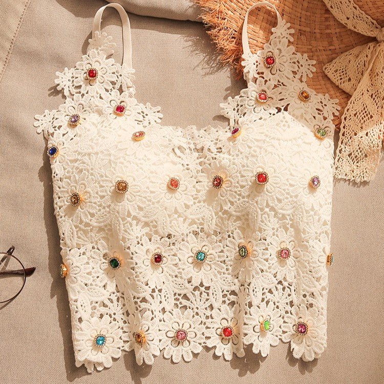 Embellished rhinestone White Lace Crop TankClothingJewelryBlossomuniqueflowerearringsgiftforhermothergiftdaughtergiftbirthdaygiftanniversarygift