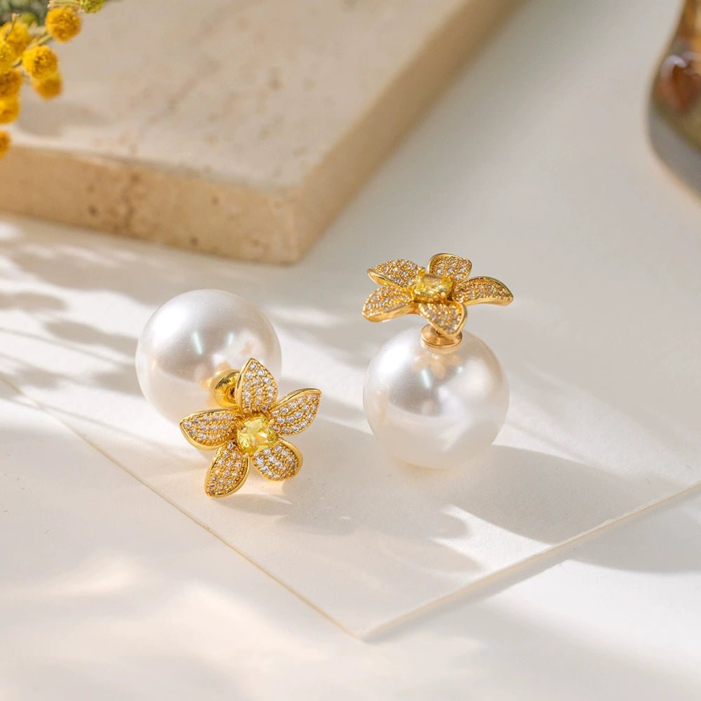 Golden Flower Pearl Studs Tribale EarringsEarringsJewelryBlossomuniqueflowerearringsgiftforhermothergiftdaughtergiftbirthdaygiftanniversarygift