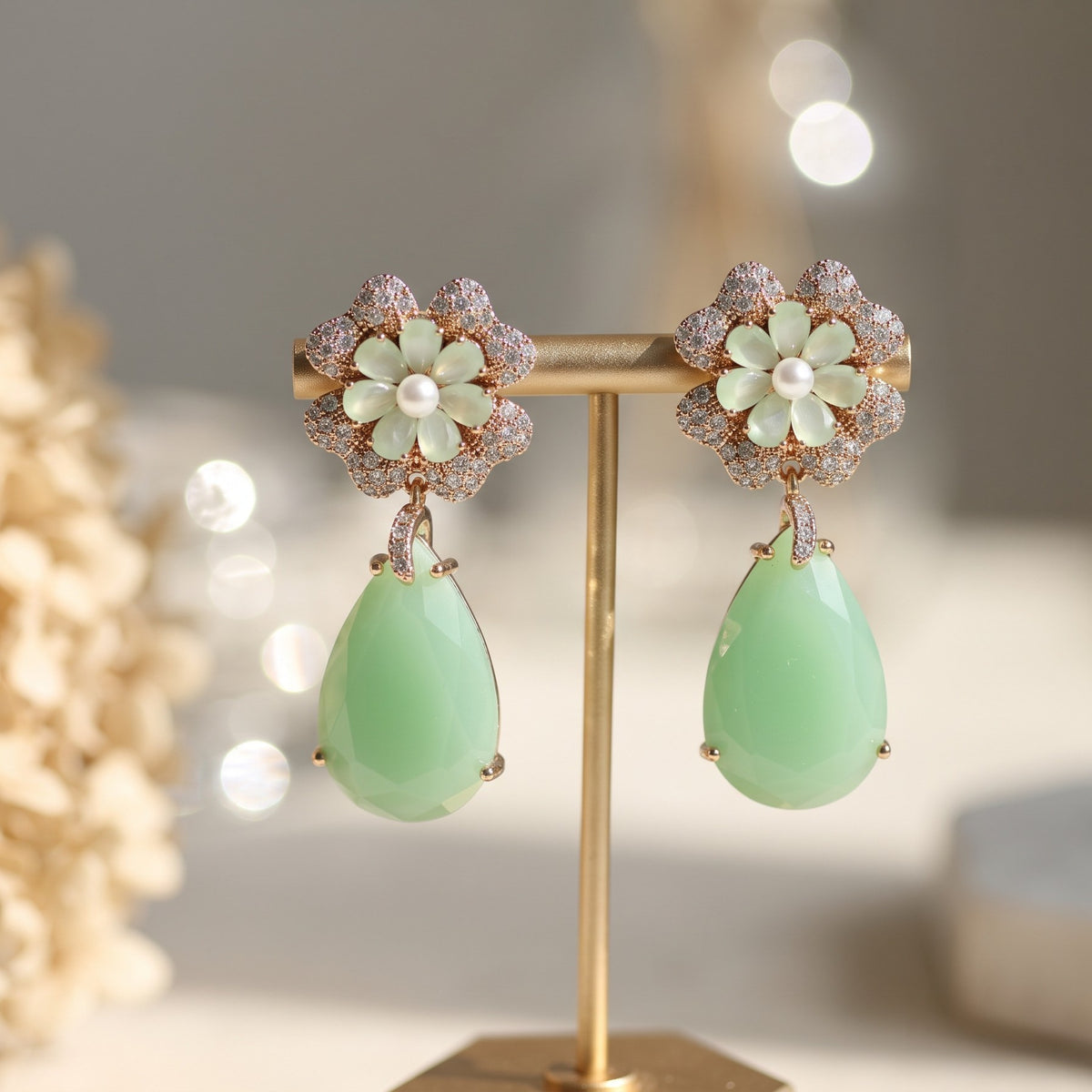Jade Blossom Crystal Teardrop Earrings