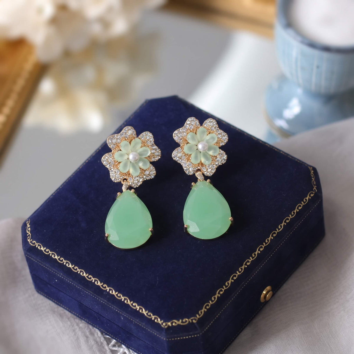 Jade Blossom Crystal Teardrop Earrings