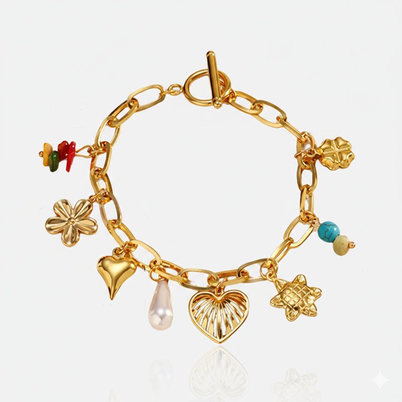 Lyra Petals & Pearly Hearts Charm Chain BraceletBraceletJewelryBlossomuniqueflowerearringsgiftforhermothergiftdaughtergiftbirthdaygiftanniversarygift