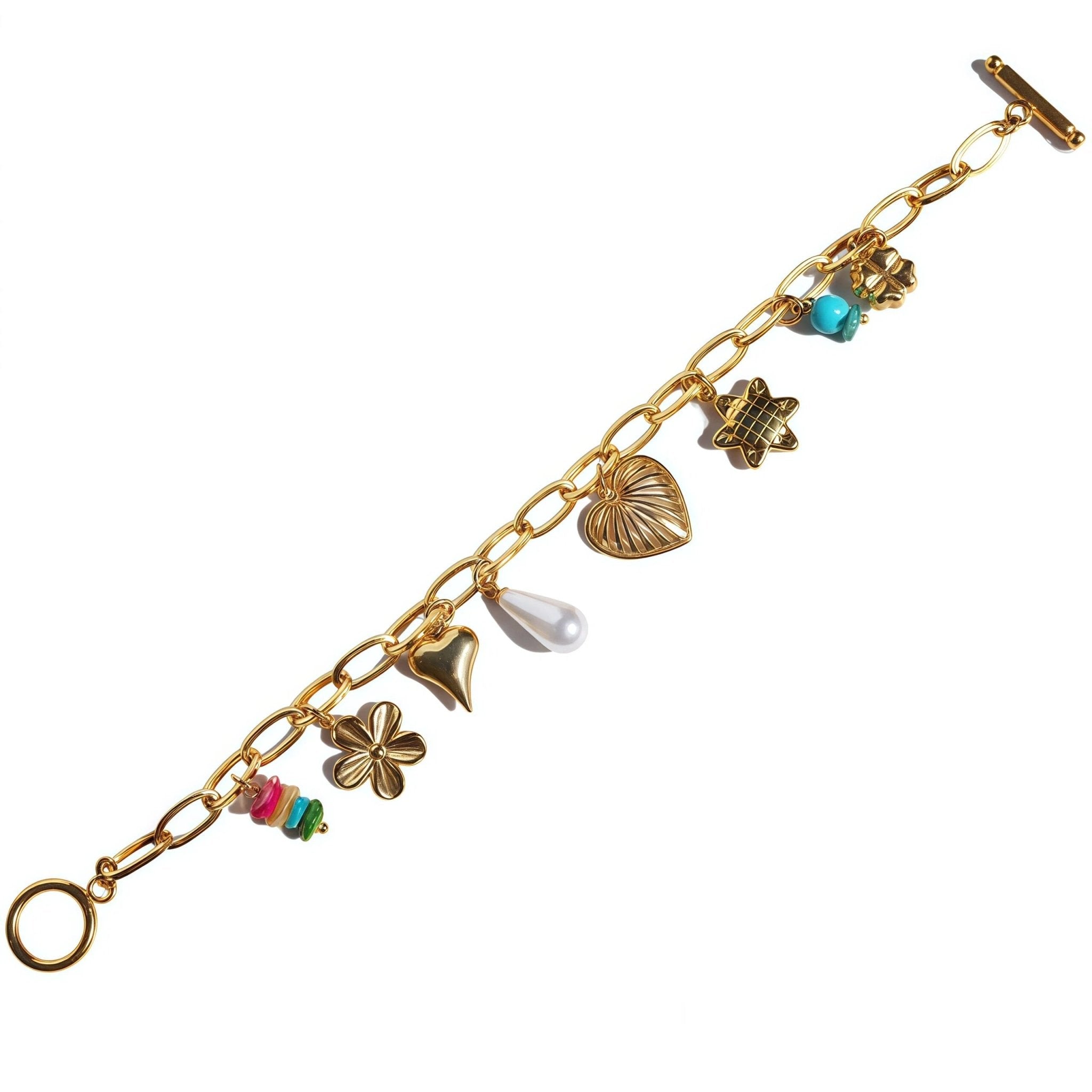 Lyra Petals & Pearly Hearts Charm Chain BraceletBraceletJewelryBlossomuniqueflowerearringsgiftforhermothergiftdaughtergiftbirthdaygiftanniversarygift