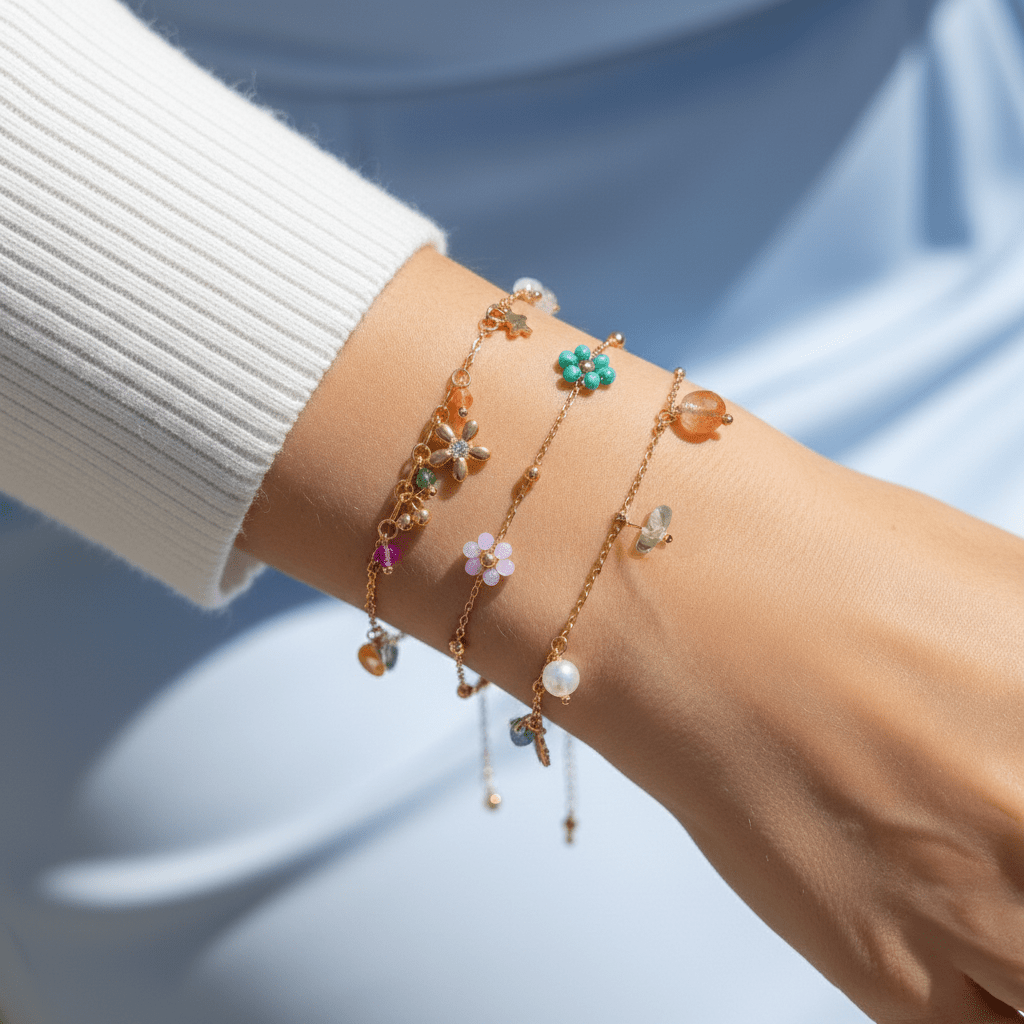 Meadow Mist Trio Layered Bracelets (3 - pc Set)BraceletJewelryBlossomuniqueflowerearringsgiftforhermothergiftdaughtergiftbirthdaygiftanniversarygift