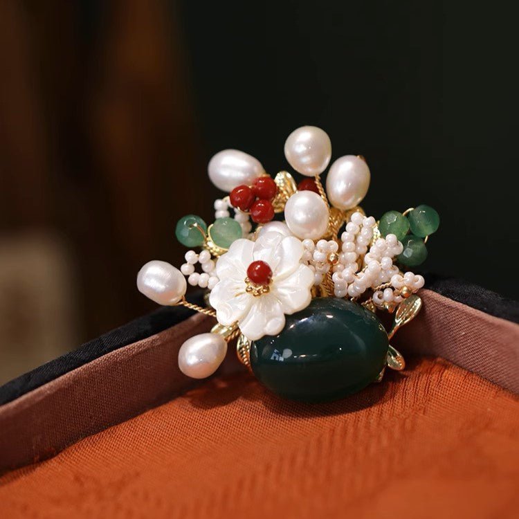 Pearl Flowers In the Emerald Quartz Vase Brooch/ Final SalebroochJewelryBlossomuniqueflowerearringsgiftforhermothergiftdaughtergiftbirthdaygiftanniversarygift