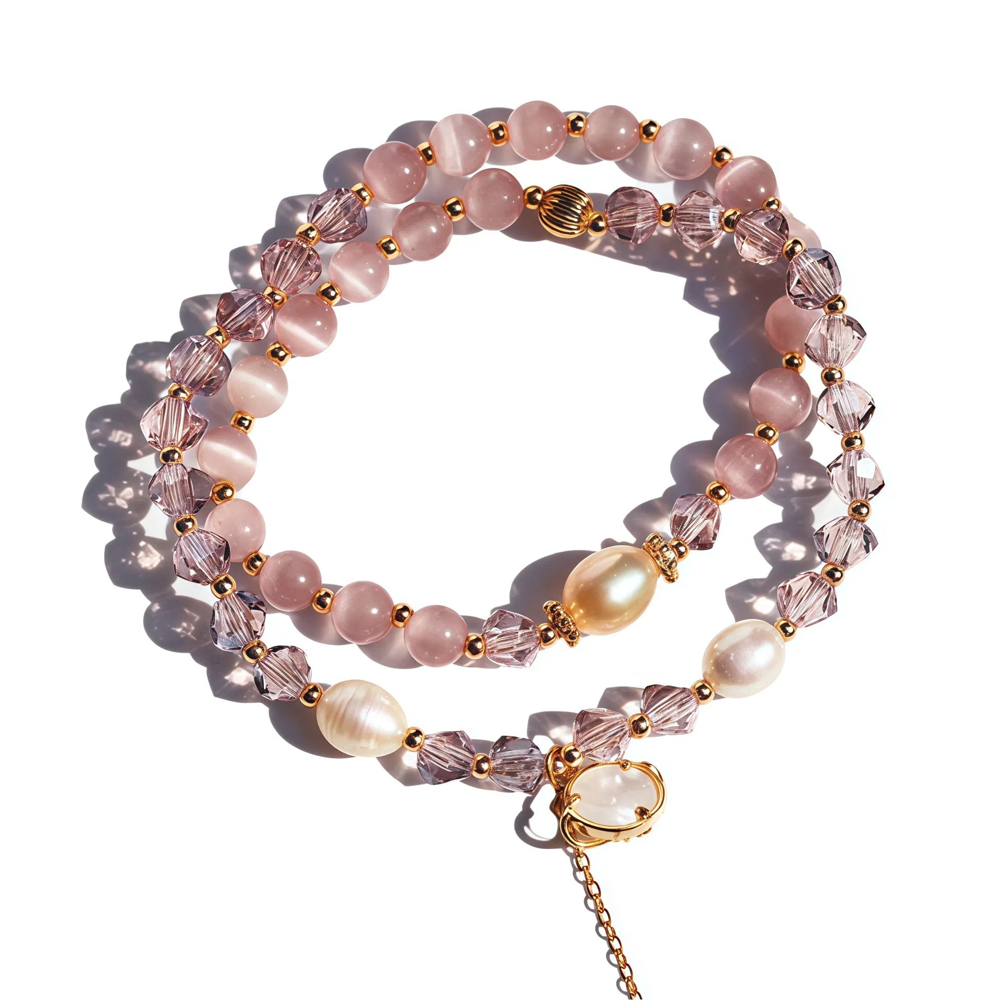 Pink Moonstone Double Layer Stacked BraceletBraceletJewelryBlossomuniqueflowerearringsgiftforhermothergiftdaughtergiftbirthdaygiftanniversarygift