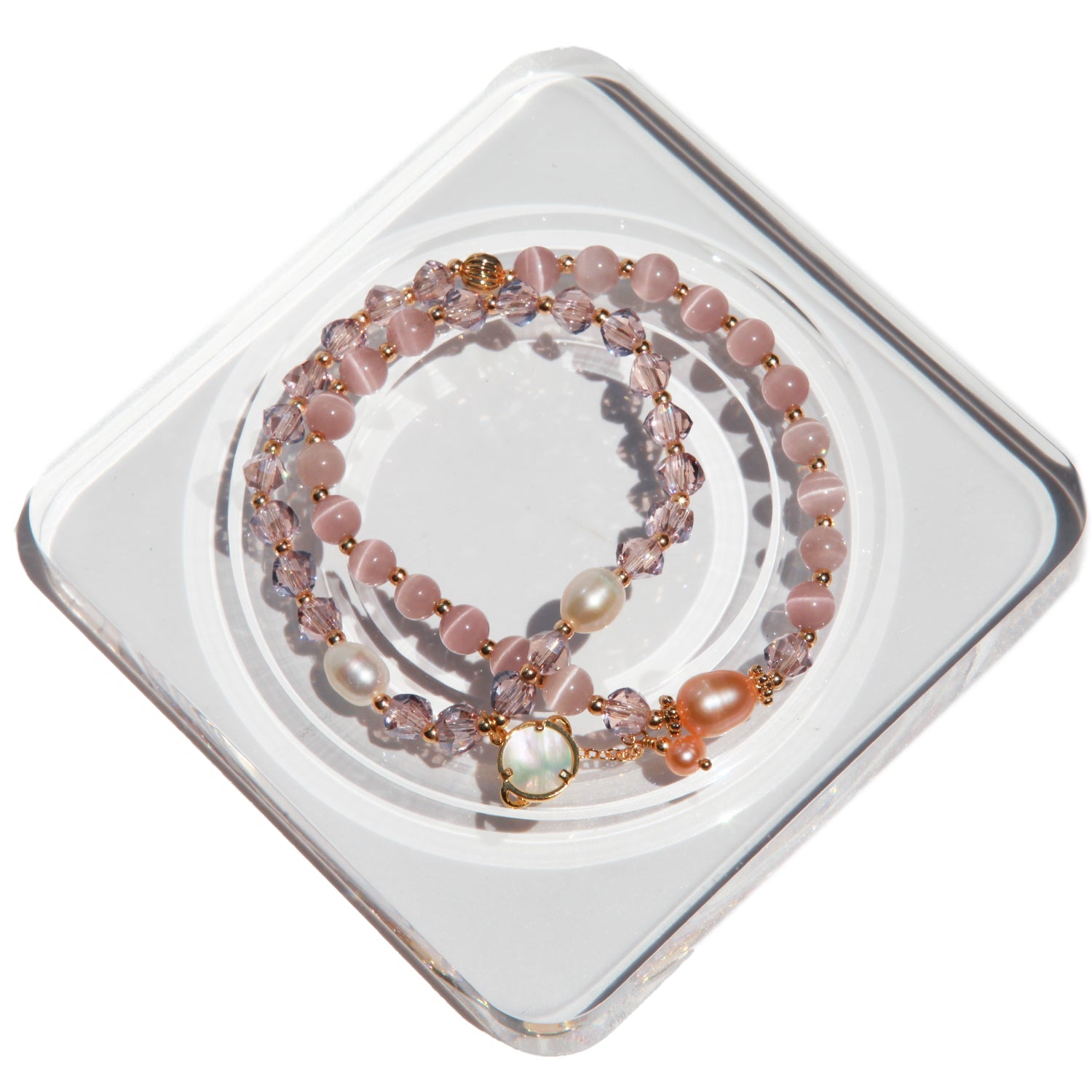 Pink Moonstone Double Layer Stacked BraceletBraceletJewelryBlossomuniqueflowerearringsgiftforhermothergiftdaughtergiftbirthdaygiftanniversarygift
