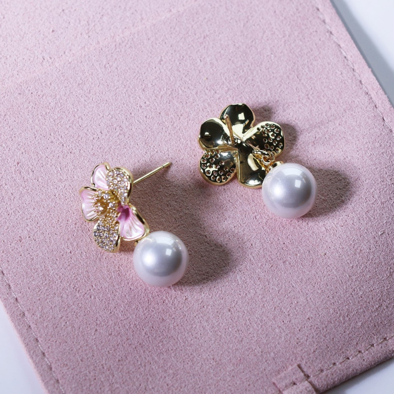 Cherry Blossom Pavé Pearl Drop Earrings
