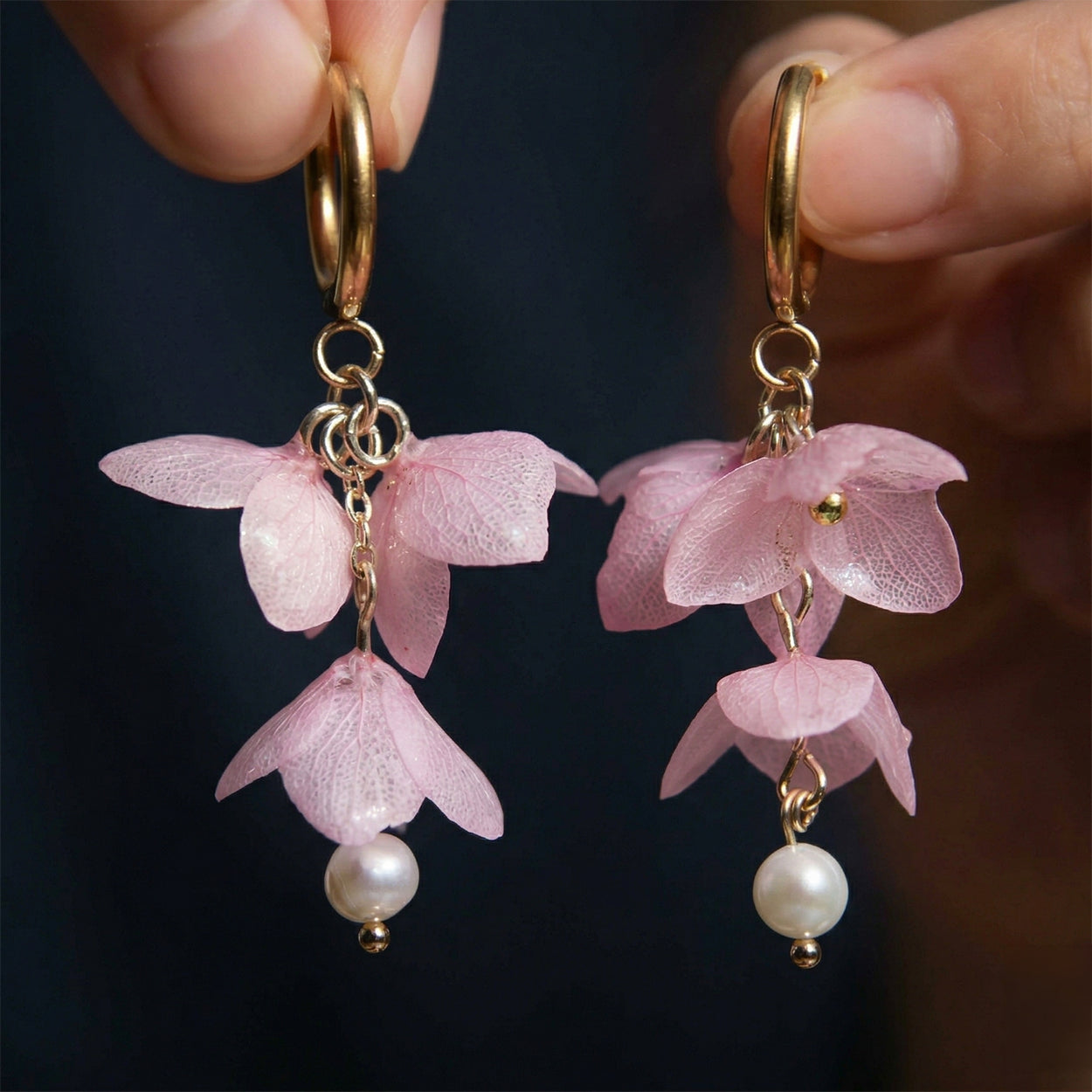 *Real Flower* Pink Hydrangea Pearl Drop Hoop Earrings