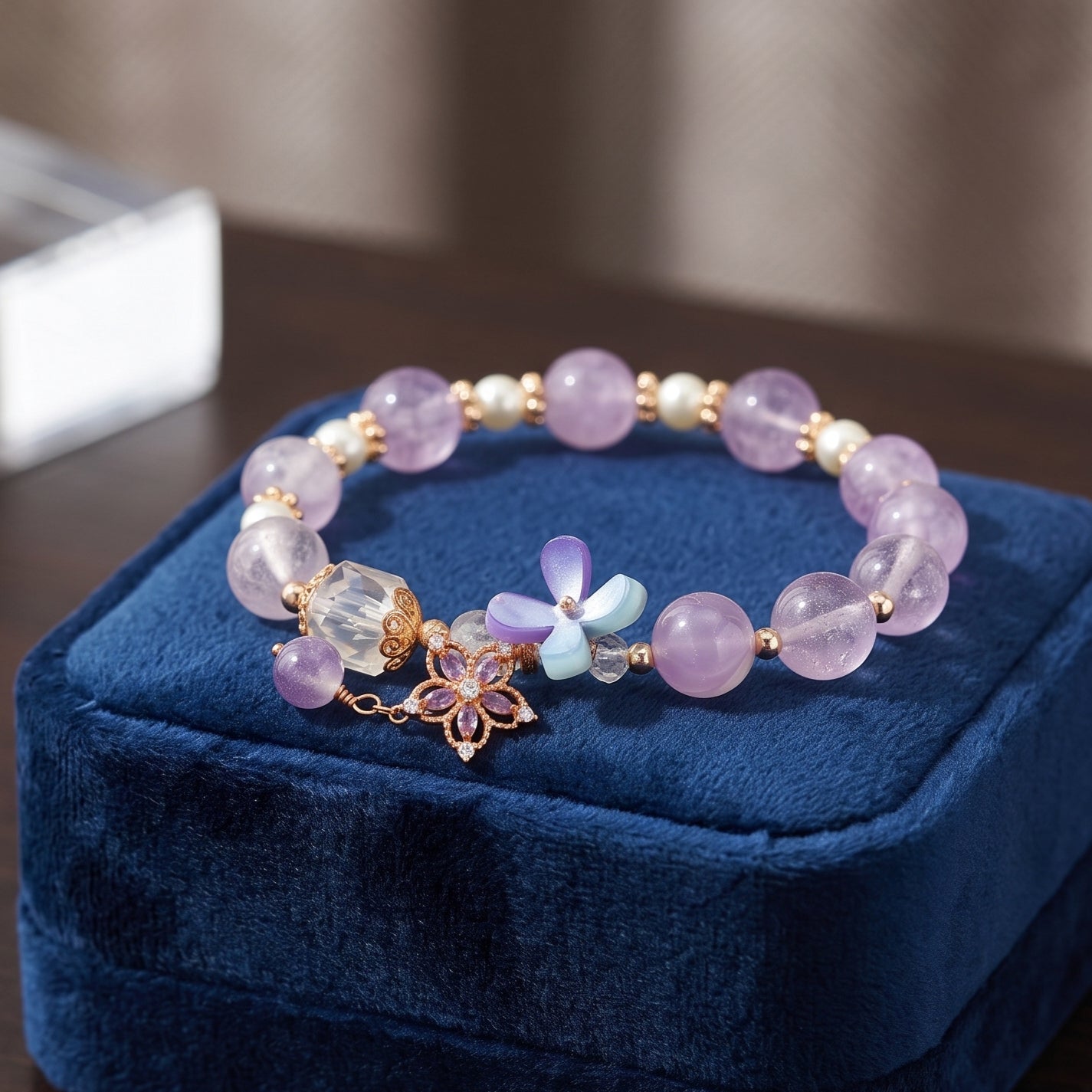 Amethyst Crystal Flower Charm Bracelet