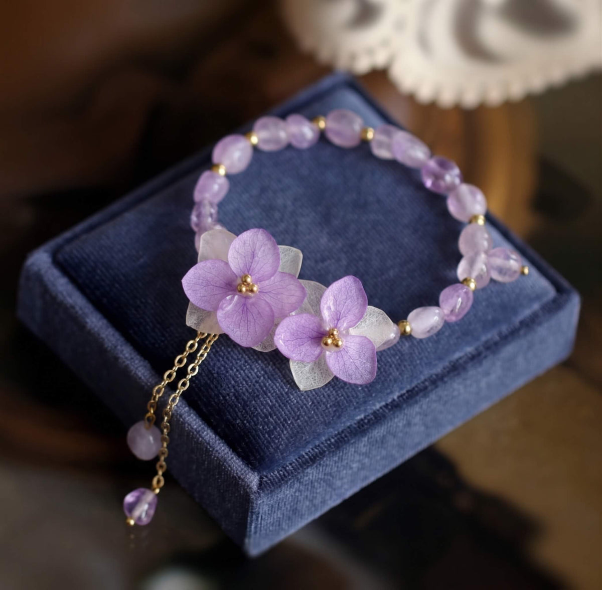 *Real Flower* Purple Hydrangea Crystal Chain Bracelet