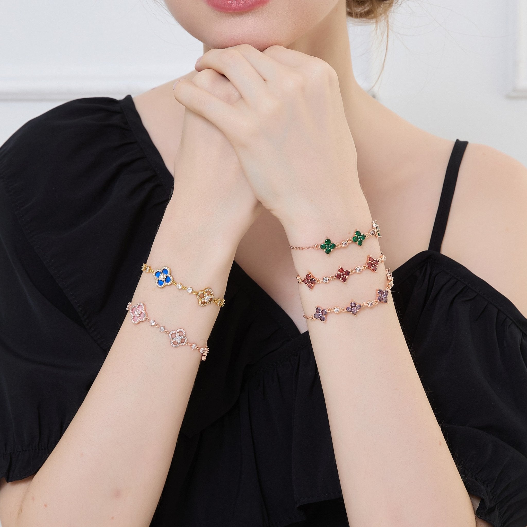 Radiant Blossom Clover BraceletBraceletJewelryBlossomuniqueflowerearringsgiftforhermothergiftdaughtergiftbirthdaygiftanniversarygift