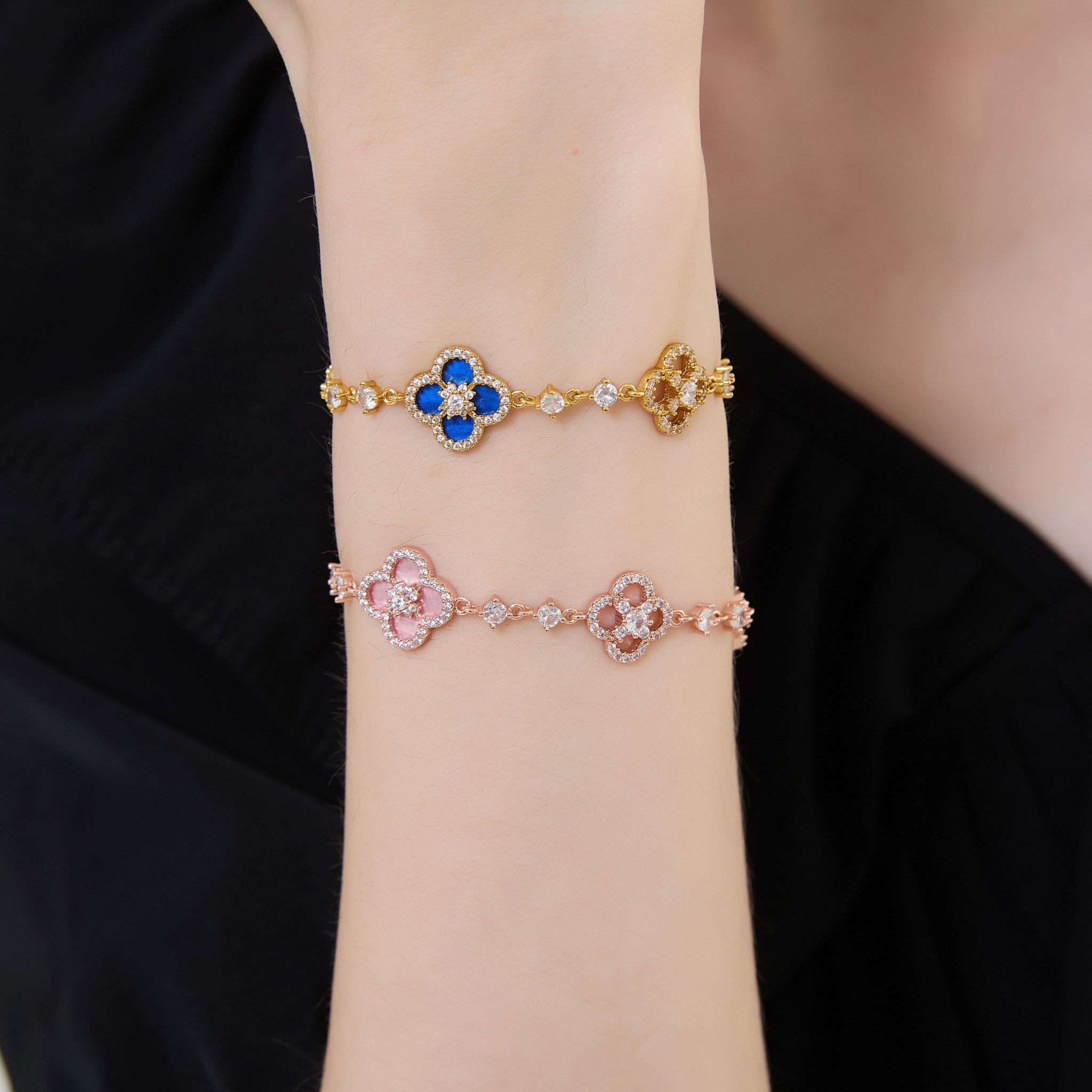 Radiant Blossom Clover BraceletBraceletJewelryBlossomuniqueflowerearringsgiftforhermothergiftdaughtergiftbirthdaygiftanniversarygift