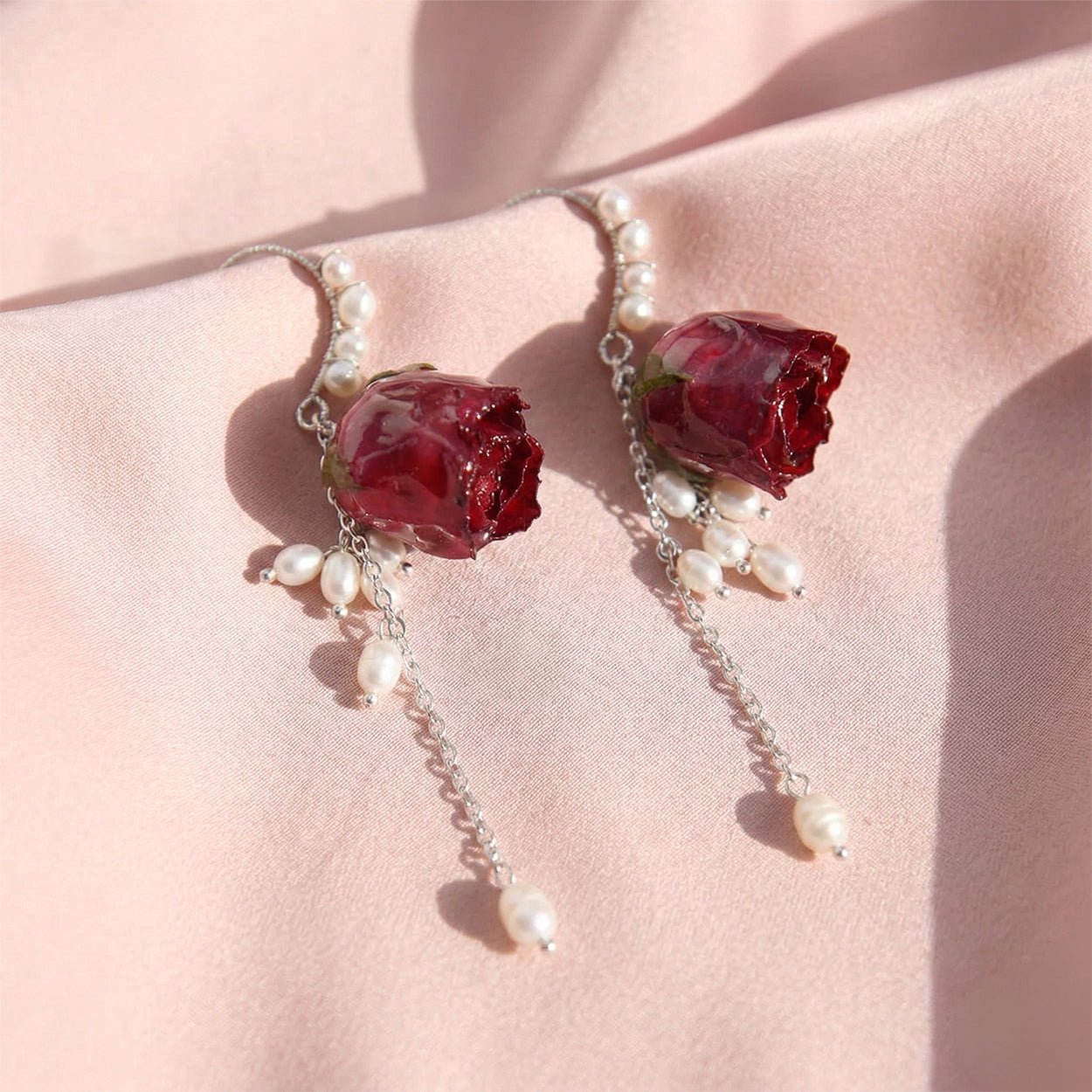 *Real Flower* Red Rose Natural Pearl Silver EarringsEarringsJewelryBlossomuniqueflowerearringsgiftforhermothergiftdaughtergiftbirthdaygiftanniversarygift