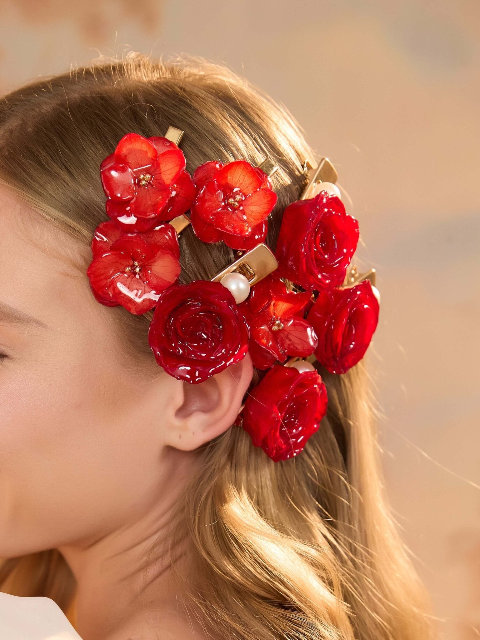 *Real Flower* Ruby Rose & Hydrangea Hair Clip Set (4-Piece Set) Earrings JewelryBlossom flowerjewelry weddingjewelry bridaljewelry weddinggift bridemaidgiftgiftforher mothergift daughtergift birthdaygift anniversarygi
