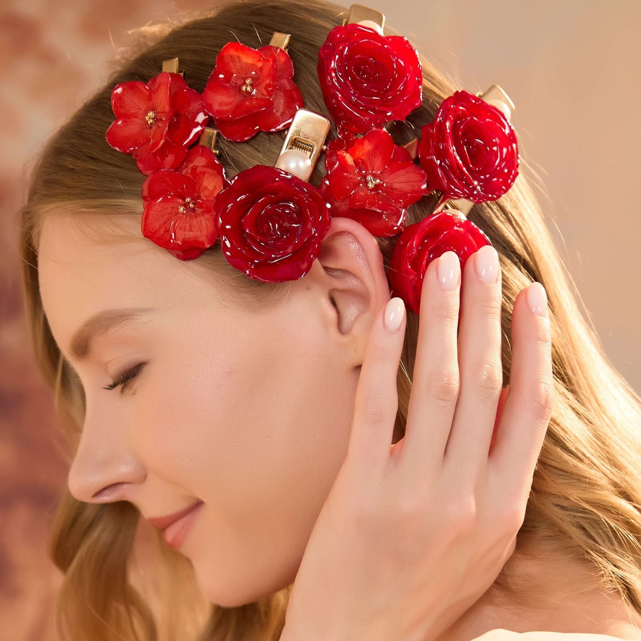 *Real Flower* Ruby Rose & Hydrangea Hair Clip Set (4-Piece Set) Earrings JewelryBlossom flowerjewelry weddingjewelry bridaljewelry weddinggift bridemaidgiftgiftforher mothergift daughtergift birthdaygift anniversarygi