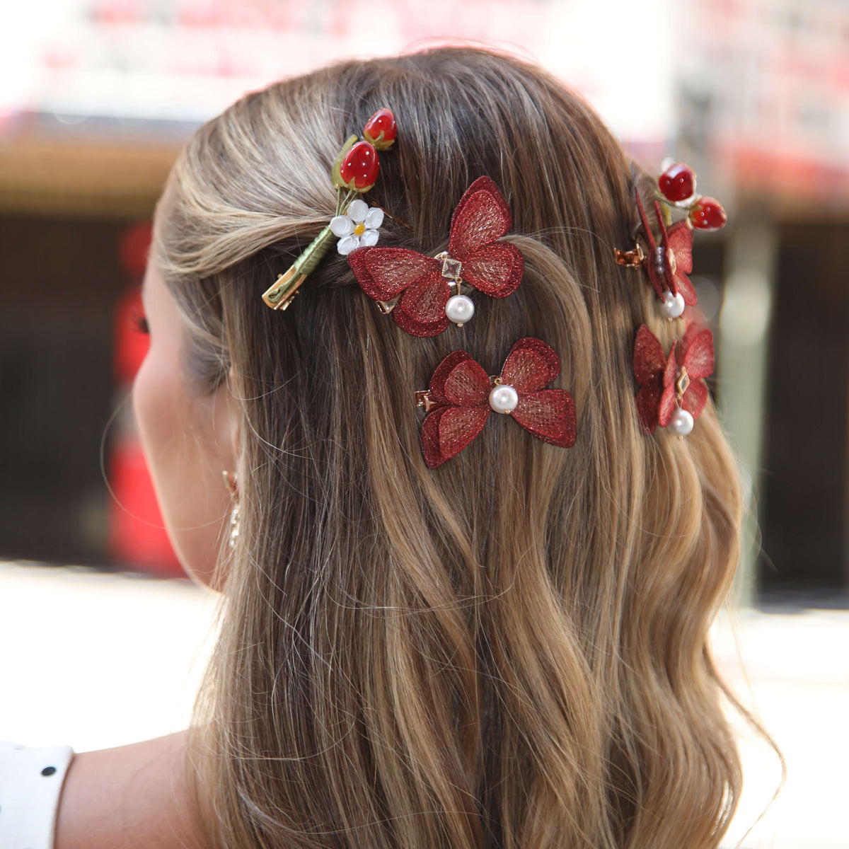 Ruby Butterfly Wing Pearl Dangle Hair Clips (4-Piece)