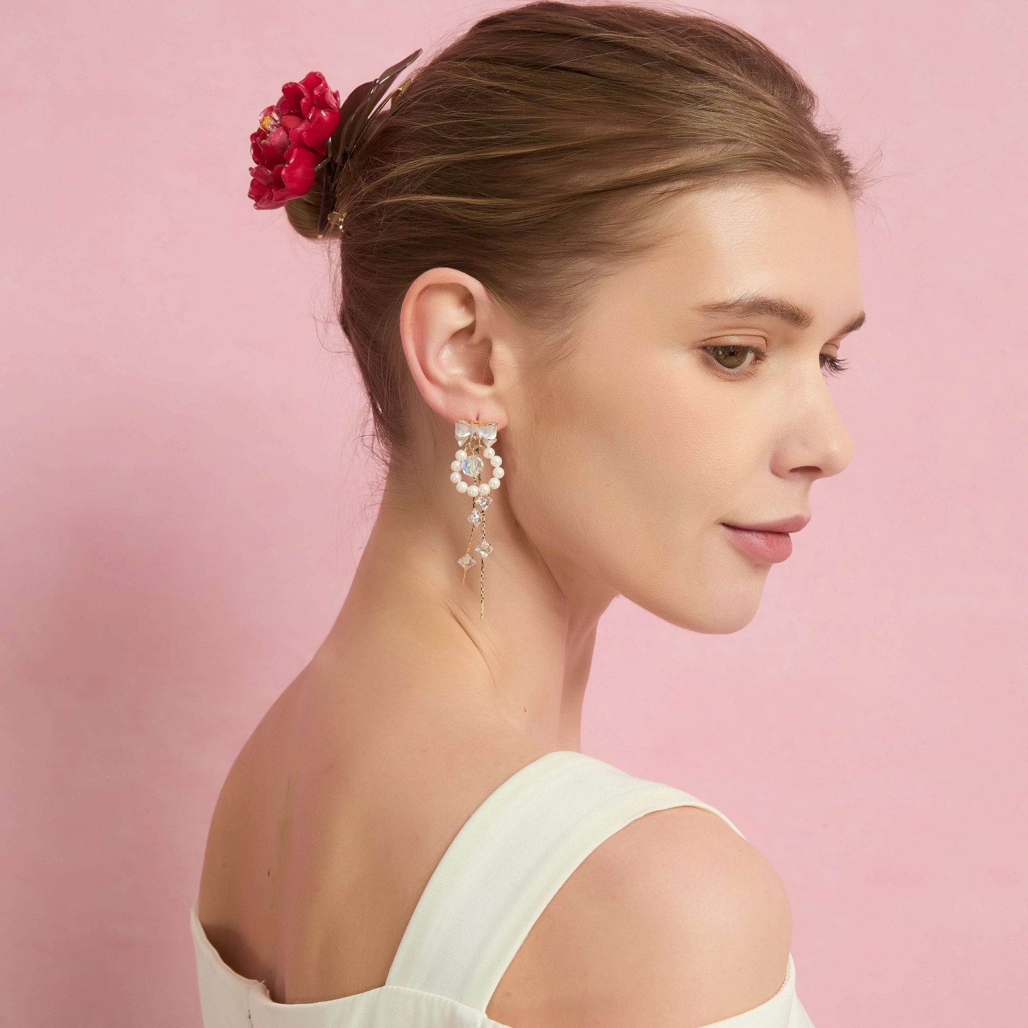 Ribbon Cascades Petal and Pearl Drop EarringsEarringsJewelryBlossomuniqueflowerearringsgiftforhermothergiftdaughtergiftbirthdaygiftanniversarygift