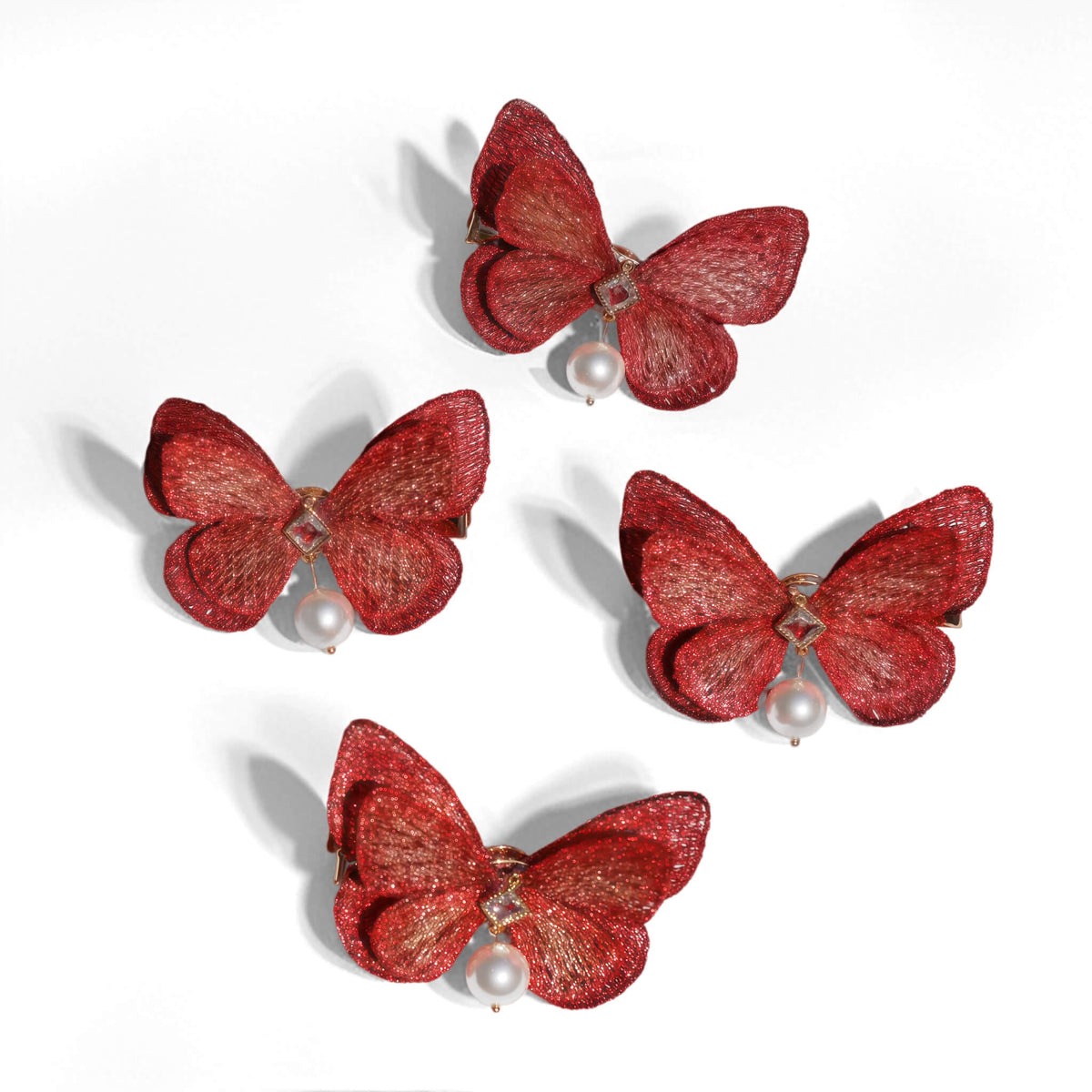 Ruby Butterfly Wing Pearl Dangle Hair Clips (4-Piece) Hair Clips JewelryBlossom #flowerjewelry# #weddingjewelry# #bridaljewelry# #weddinggift# #bridemaidgift##giftforher# #mothergift# #daughtergift# #birthdaygift# #anniversarygi