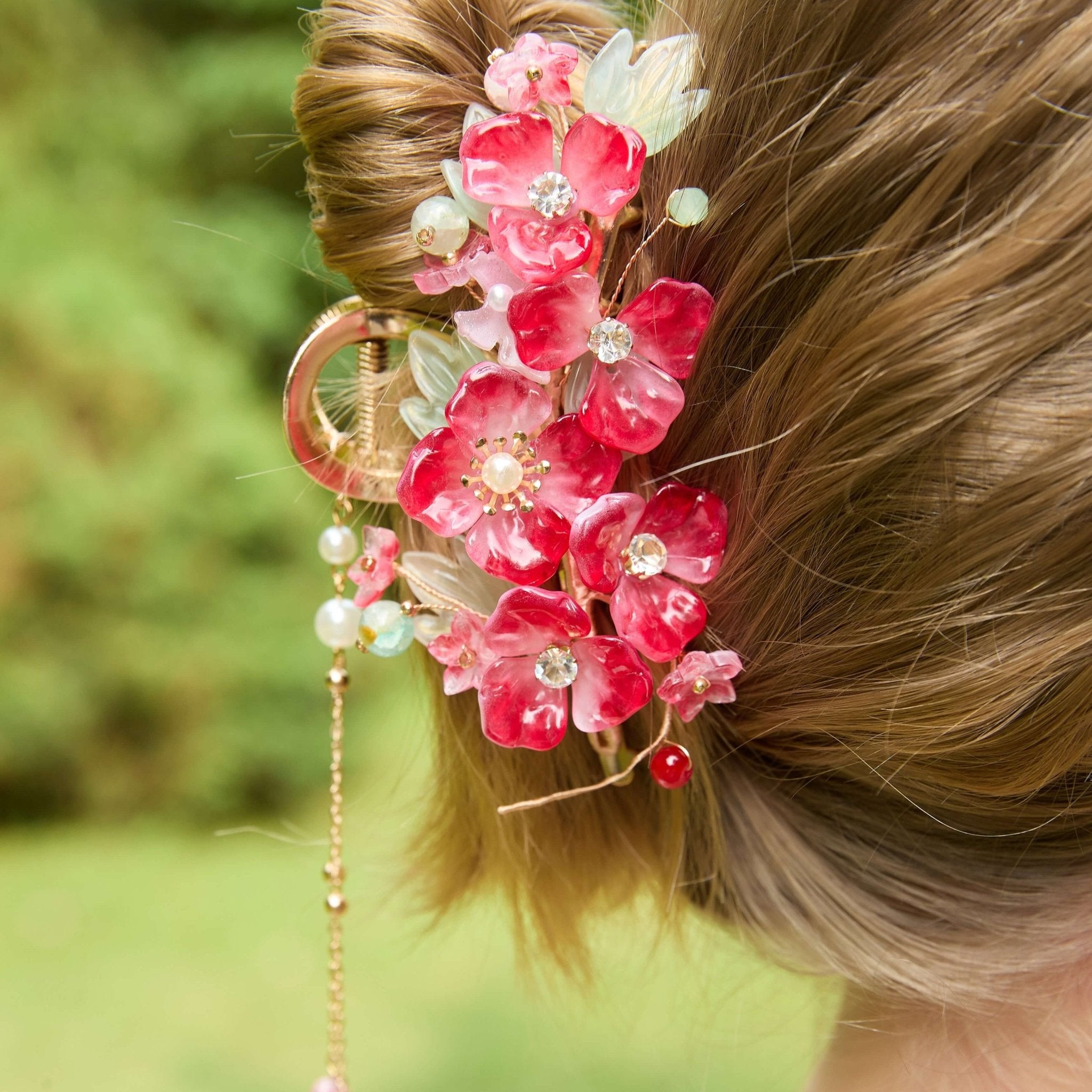 Scarlet Sakura Tassel Hair Claw hair claws JewelryBlossom flowerjewelry weddingjewelry bridaljewelry weddinggift bridemaidgiftgiftforher mothergift daughtergift birthdaygift anniversarygi