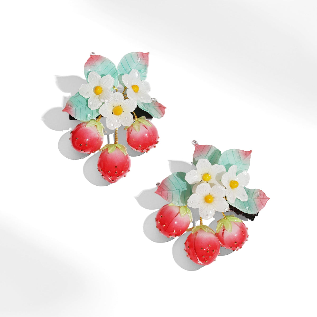 Scarlet Strawberry Blossom Hair Clip (2-Piece) Hair Clips JewelryBlossom #flowerjewelry# #weddingjewelry# #bridaljewelry# #weddinggift# #bridemaidgift##giftforher# #mothergift# #daughtergift# #birthdaygift# #anniversarygi