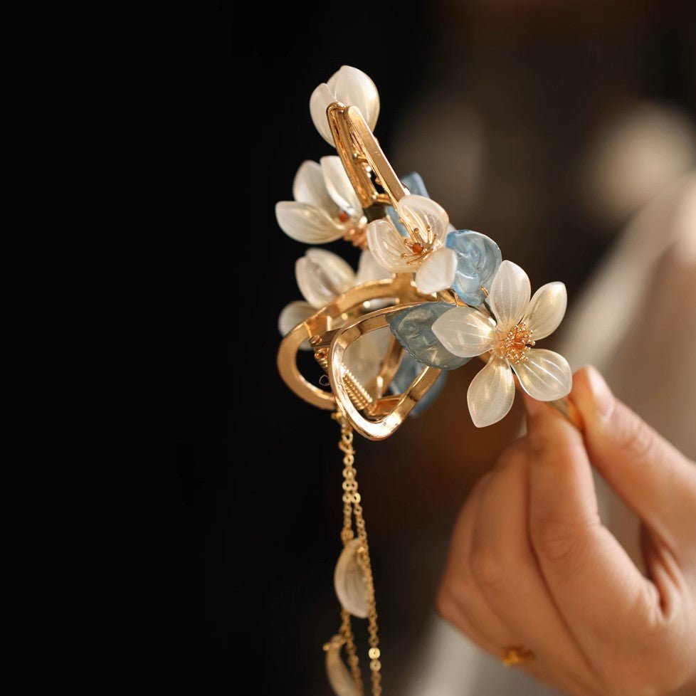 Translucent Jasmine Flower Blue Leaf Hair Clawhair clawsJewelryBlossomuniqueflowerearringsgiftforhermothergiftdaughtergiftbirthdaygiftanniversarygift