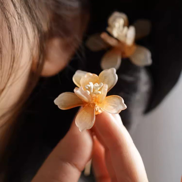 Translucent Yellow Jasmine Flower Hair Pin (2 - pc)HAIRJewelryBlossomuniqueflowerearringsgiftforhermothergiftdaughtergiftbirthdaygiftanniversarygift