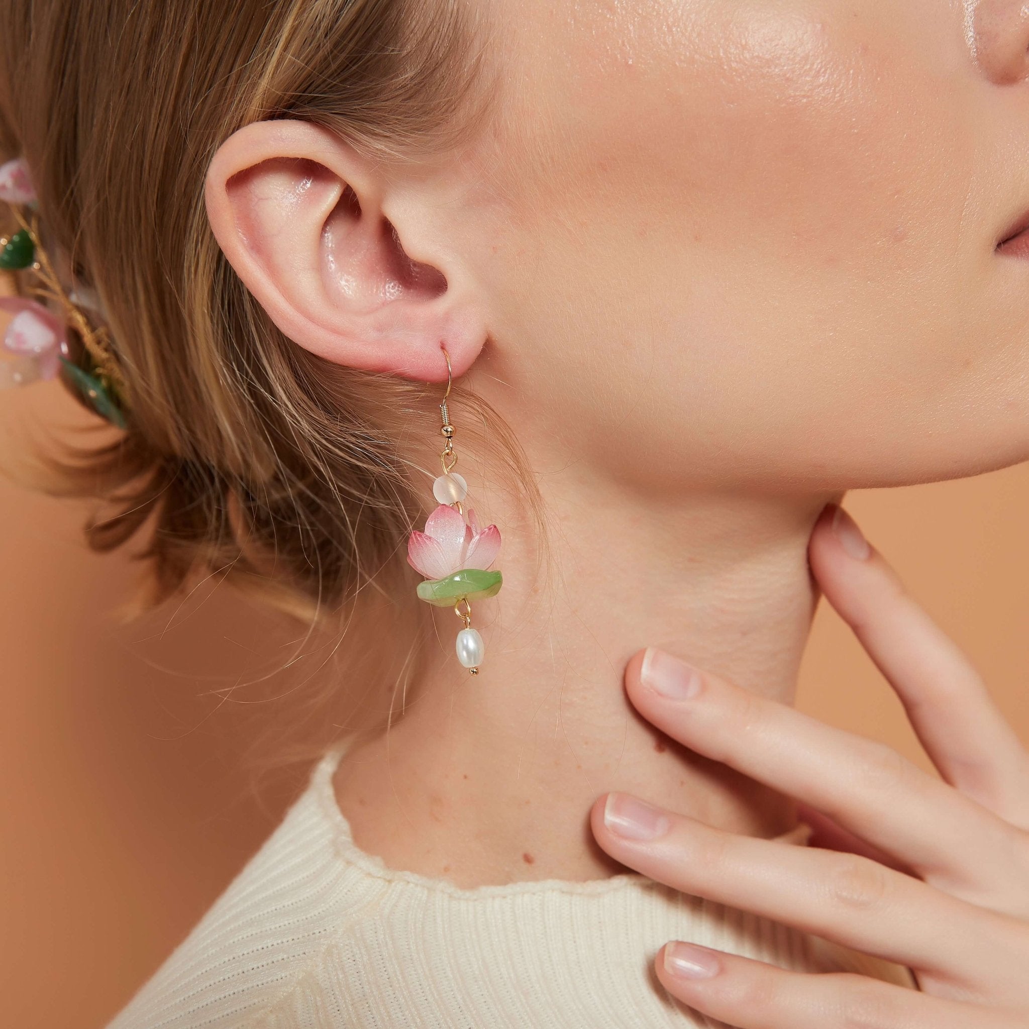 Waterlily Flower Freshwater Pearl Drop EarringsEarringsJewelryBlossomuniqueflowerearringsgiftforhermothergiftdaughtergiftbirthdaygiftanniversarygift