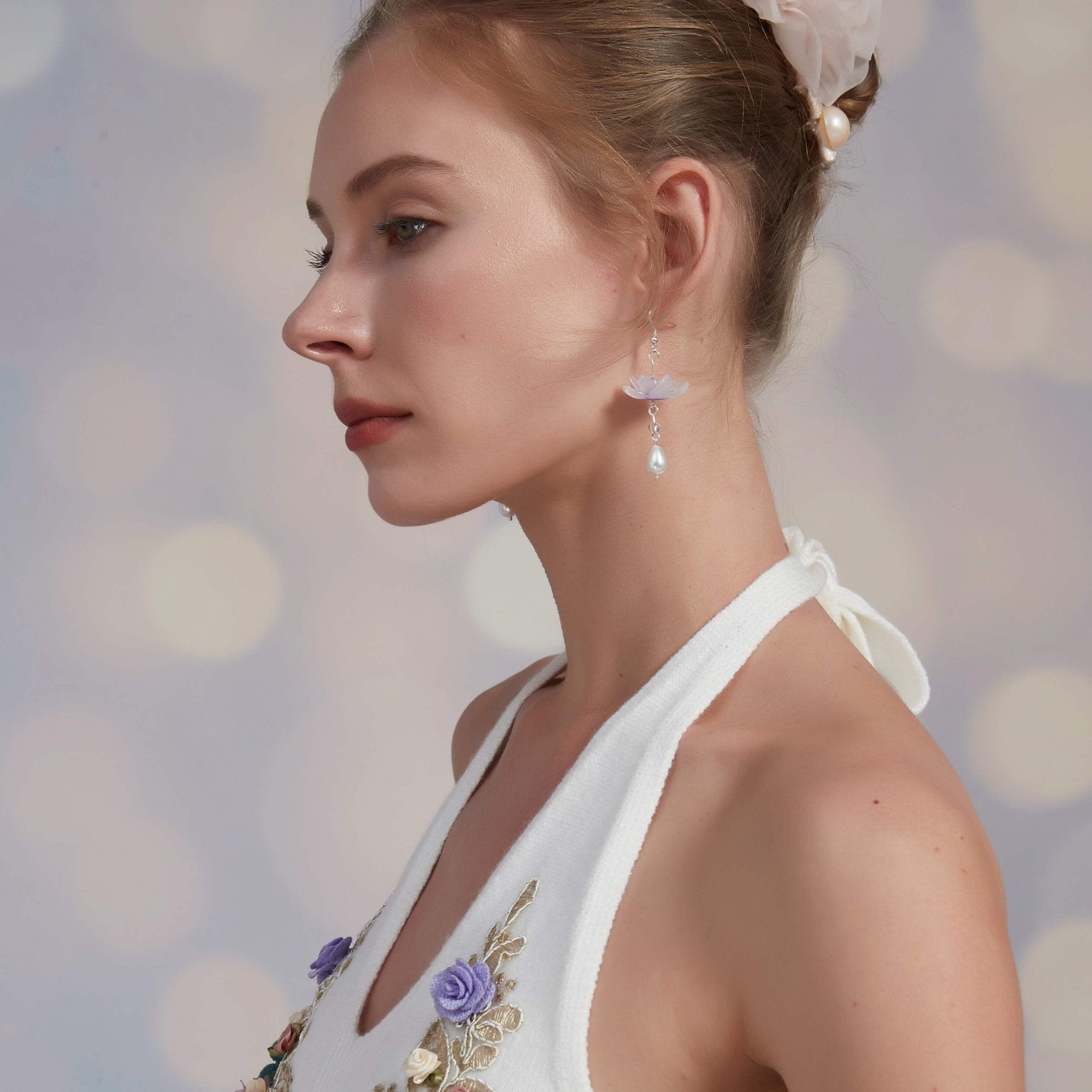 Whispers of Lavender Waterlily Pearl Drop EarringsEarringsJewelryBlossomuniqueflowerearringsgiftforhermothergiftdaughtergiftbirthdaygiftanniversarygift